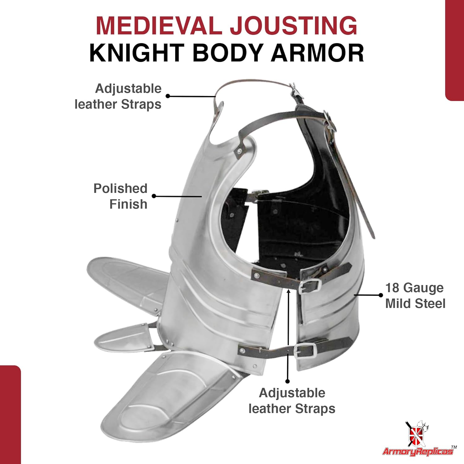 NauticalMart Medieval Jousting Knight Armor – Full Body Steel Plate Armor Suit – 18 Gauge Mild Steel with Real Leather Buckle – Authentic LARP & Reenactment Battle Armor – Renaissance Costume Gear