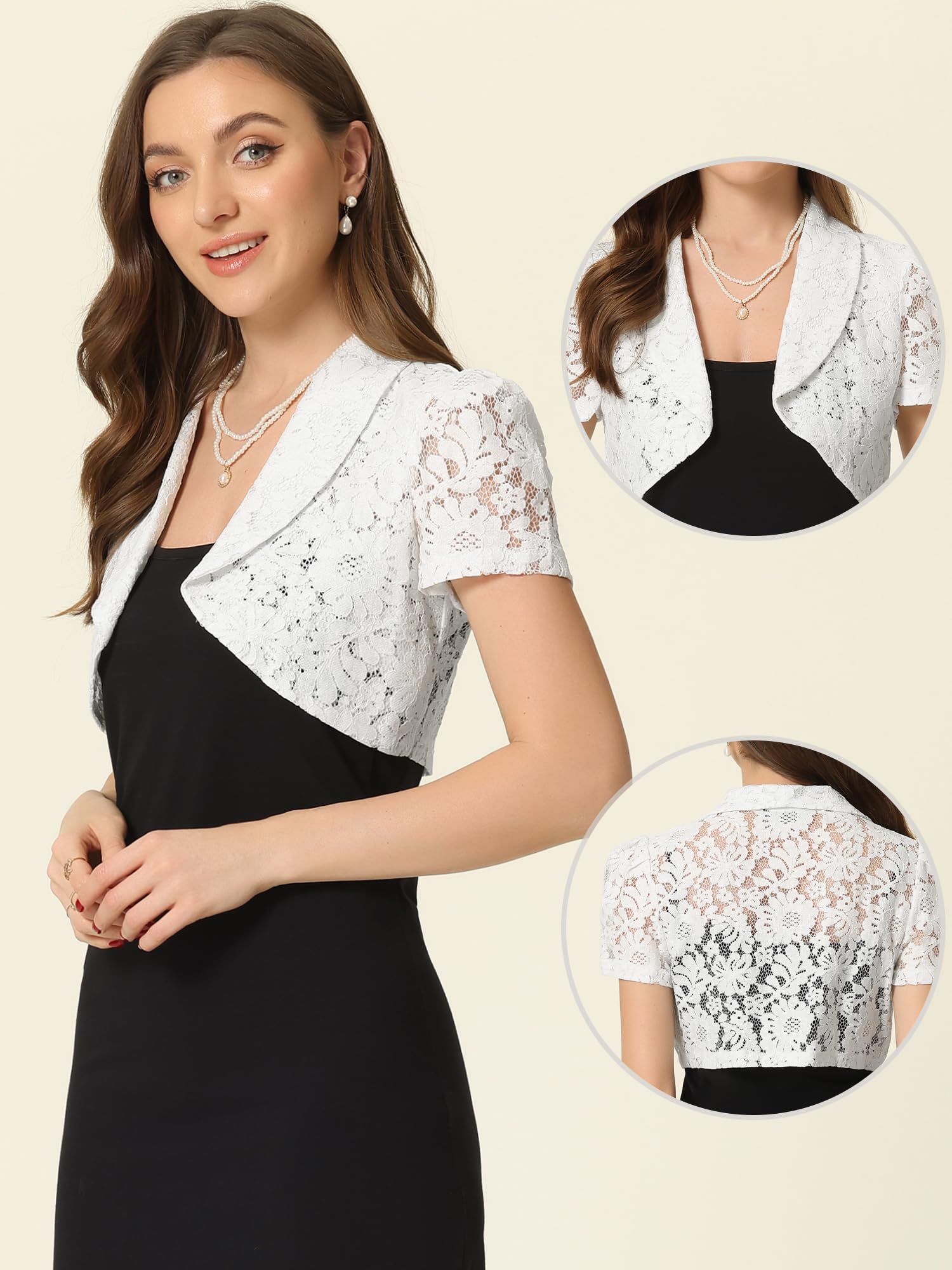 Allegra K Boléro élégant en dentelle florale pour femme - Pour le travail, les invités de mariage, blanc, X-Small