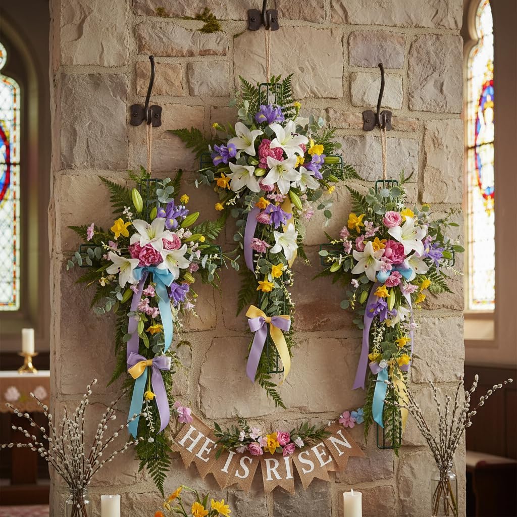 Housoutil Cross Wreath Frame, Green Iron Wreath Frames 16 Inch, DIY Cross Shaped Floral Arranging Rack for Garden Religious Wedding Church DIY Craft Project Indoor Outdoor Holiday Hanging Decorations