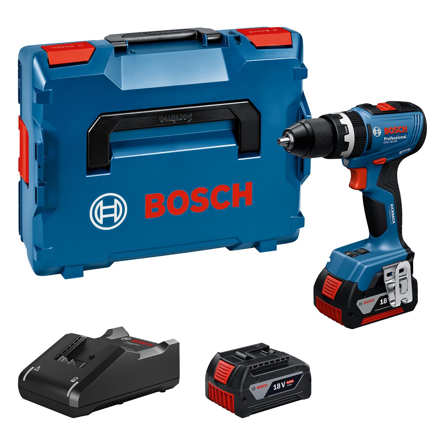 Bosch Professional 18V System Akku-Bohrschrauber GSB 18V-65 (bürstenloser Motor, Kopflänge 175, inkl. 2x Akku GBA 18V 5.0Ah, Ladegerät GAL 18V-40, L-BOXX)