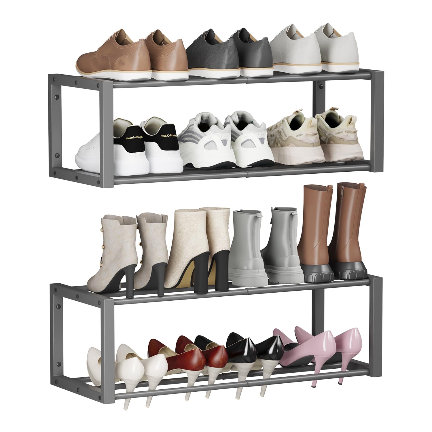 Homeiju Hängender Schuh-Organizer, 2 Stück, Wandmontage, für 12 Paar, platzsparendes Metall-Wand-Schuhregal, Schuhhalter zum Aufhängen für kleine Räume, Eingang, Schrank, Wohnmobil, Wohnmobil (grau)