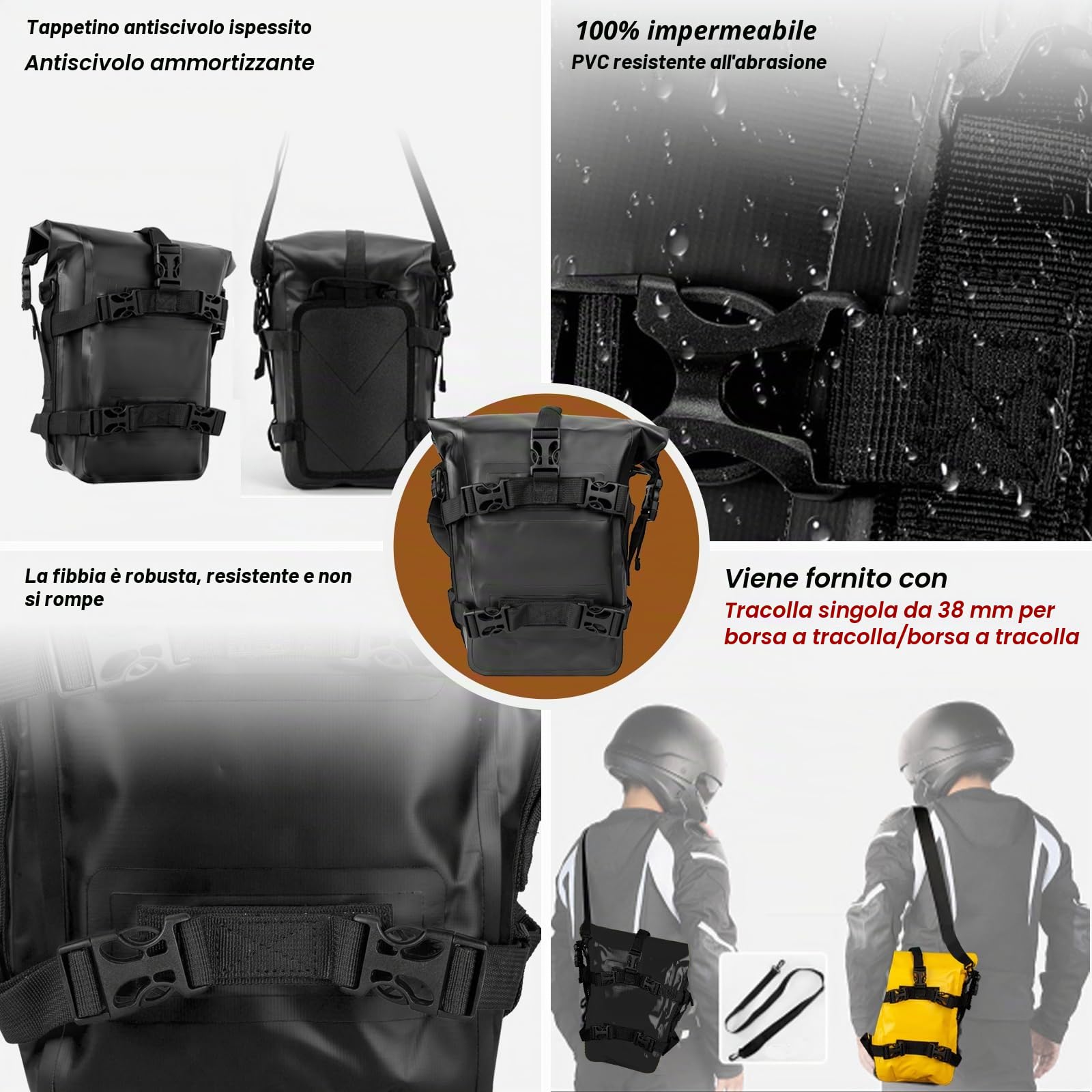 Borsa da Serbatoio per Moto Impermeabile 8L - Bagaglio da Viaggio Motociclette Guida Sportiva all'aperto Escursionismo Campeggio Equipaggiamento Durevole con Cinghie Regolabili Tracolla(Nero)