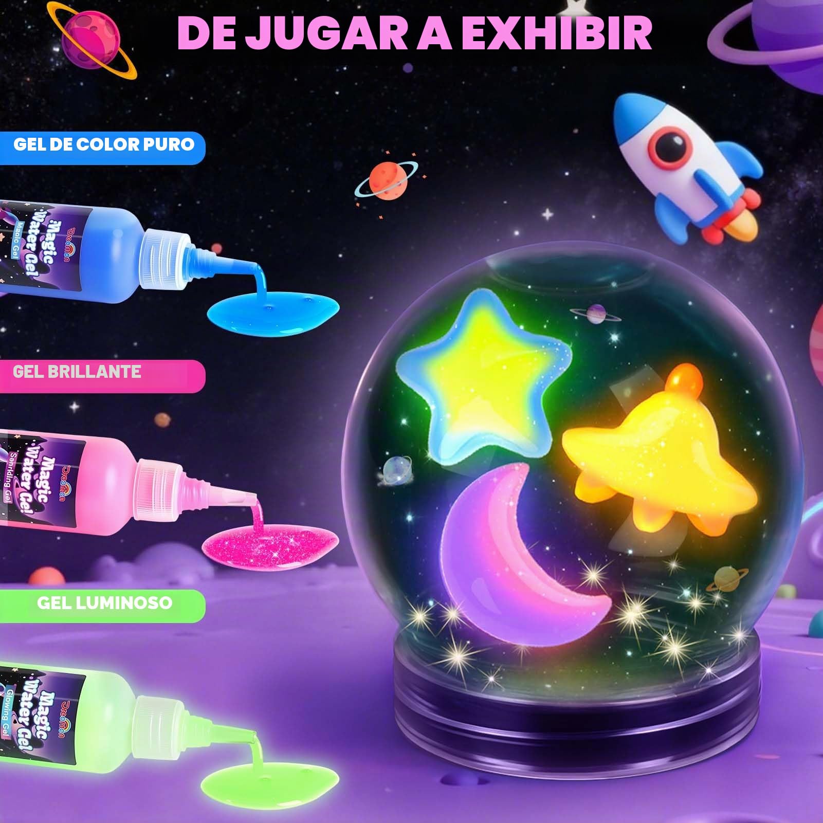 Dreamon Aqua Gelz Set Espacial 53PCS, Kit de Gel de Agua para Niños con 22 Colores y 16 Moldes de Cohete Estrella y Luna, Juego Creativo 3D DIY Educativo y Regalo para Niños y Niñas 3 4 5 6 Años