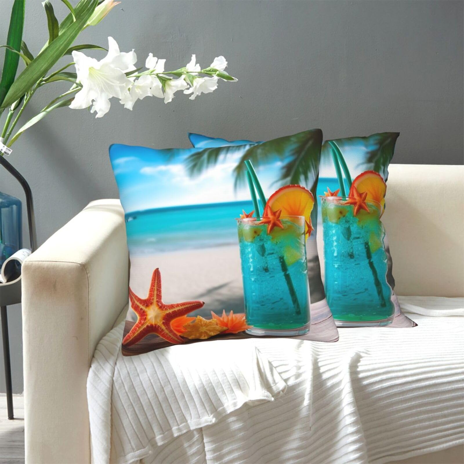 FekiLoot Decorative Throw Pillow Covers Modern Farmhouse Pillowcase Double Sided Cozy Cushion Cover for Sofa Couch Bed 20"X20" Tropical Cocktail with Starfish