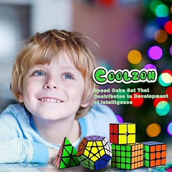Coolzon Speed Cube Set 5 Pack Magic Puzzle Cubes Pyraminx Pyramid + Megaminx + 2x2x2 + 3x3x3 + 4x4x4 Cube Toys with PVC Stikers for Kids Adults