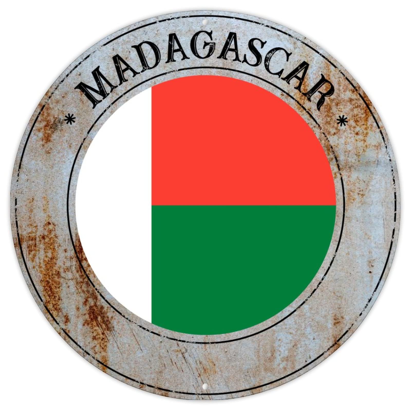 CowkissSign Madagascar Flag Metal Wall Sign Madagascar Country Souvenir Gift Vintage Farmhouse Signs National Flag Round Welcome Sign Quality Metal Sign for Living Room Kitchen Front Porch 9x9in
