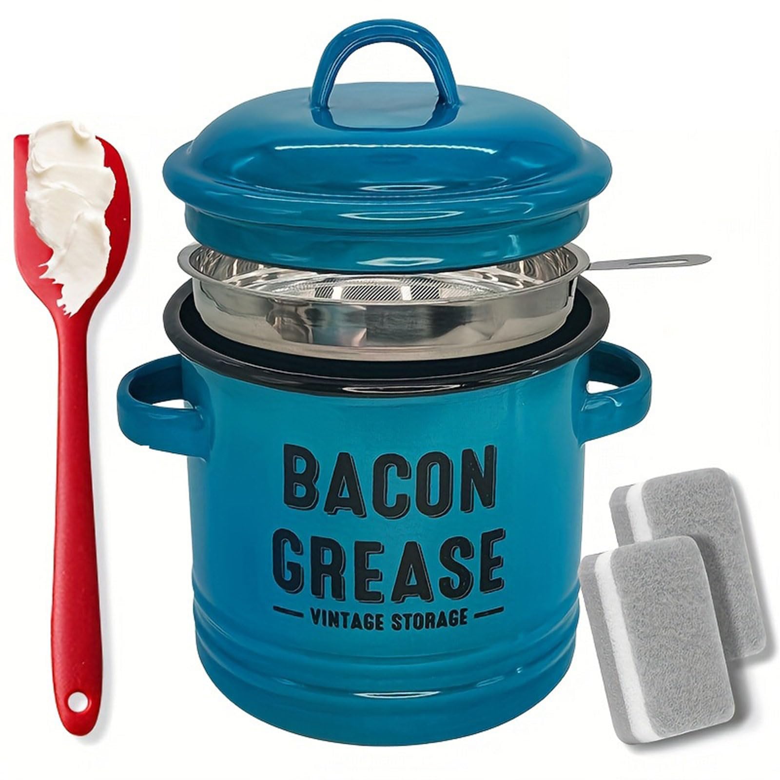 Shurhome Multipurpose Enameled Grease Keeper with Strainer and Silicone Spatula for Preserving Bacons Drippings Fat and Kitchen Use Bacons Fat Keeper