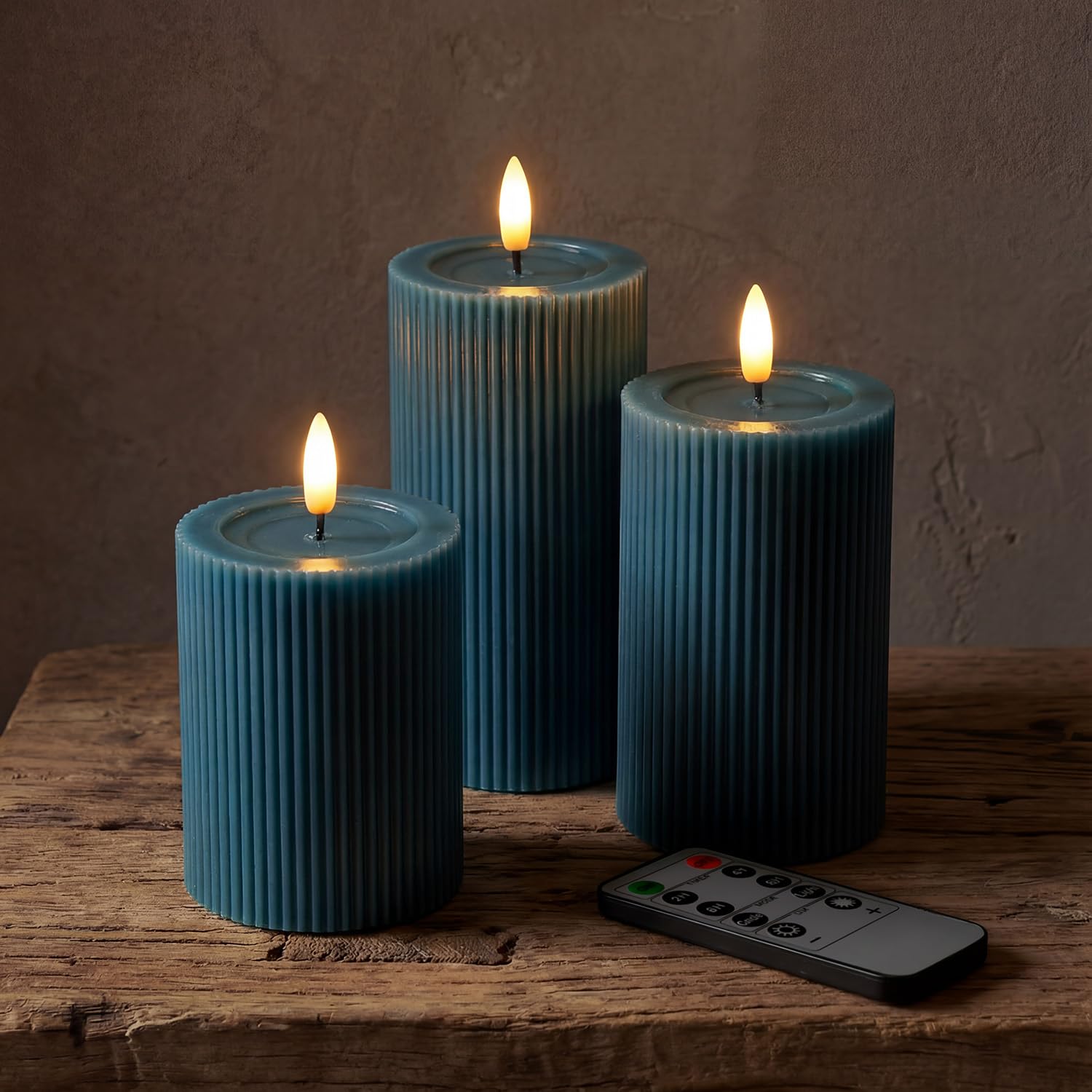 West Ivory Fluted Ribbed LED Pillar Candles, Blue, with Reflective Melted-Wax Effect – Flickering Flame, Remote, Dimmable, Flameless, Battery Operated, Home & Wedding Decor (Set of 3)