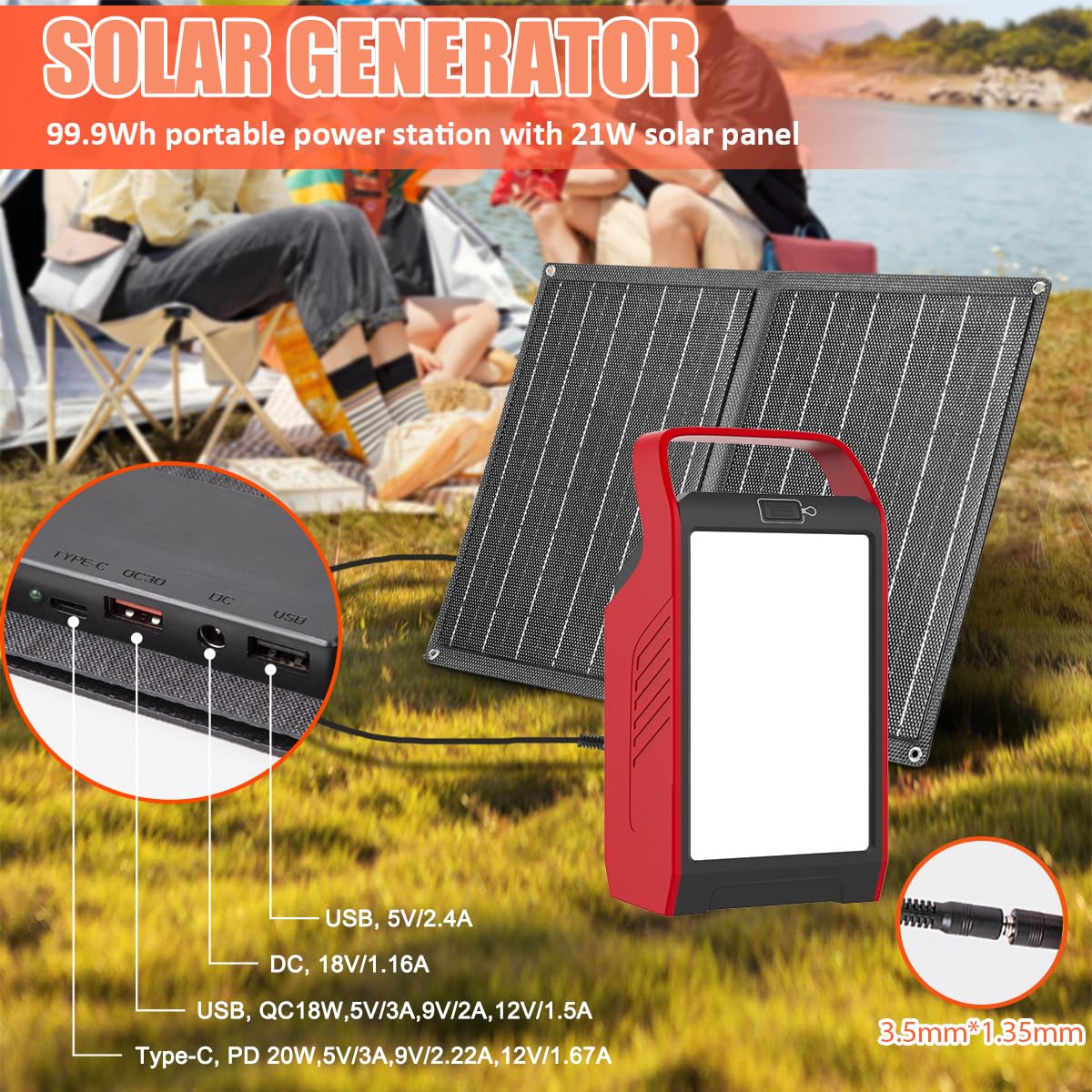 Takki 120W Peak Solar Generator Portable Power Station with Panels 21W Included, 99Wh Solar Power Bank Charger AC Outlet for Camping Emergency Outdoor Tent — view 3