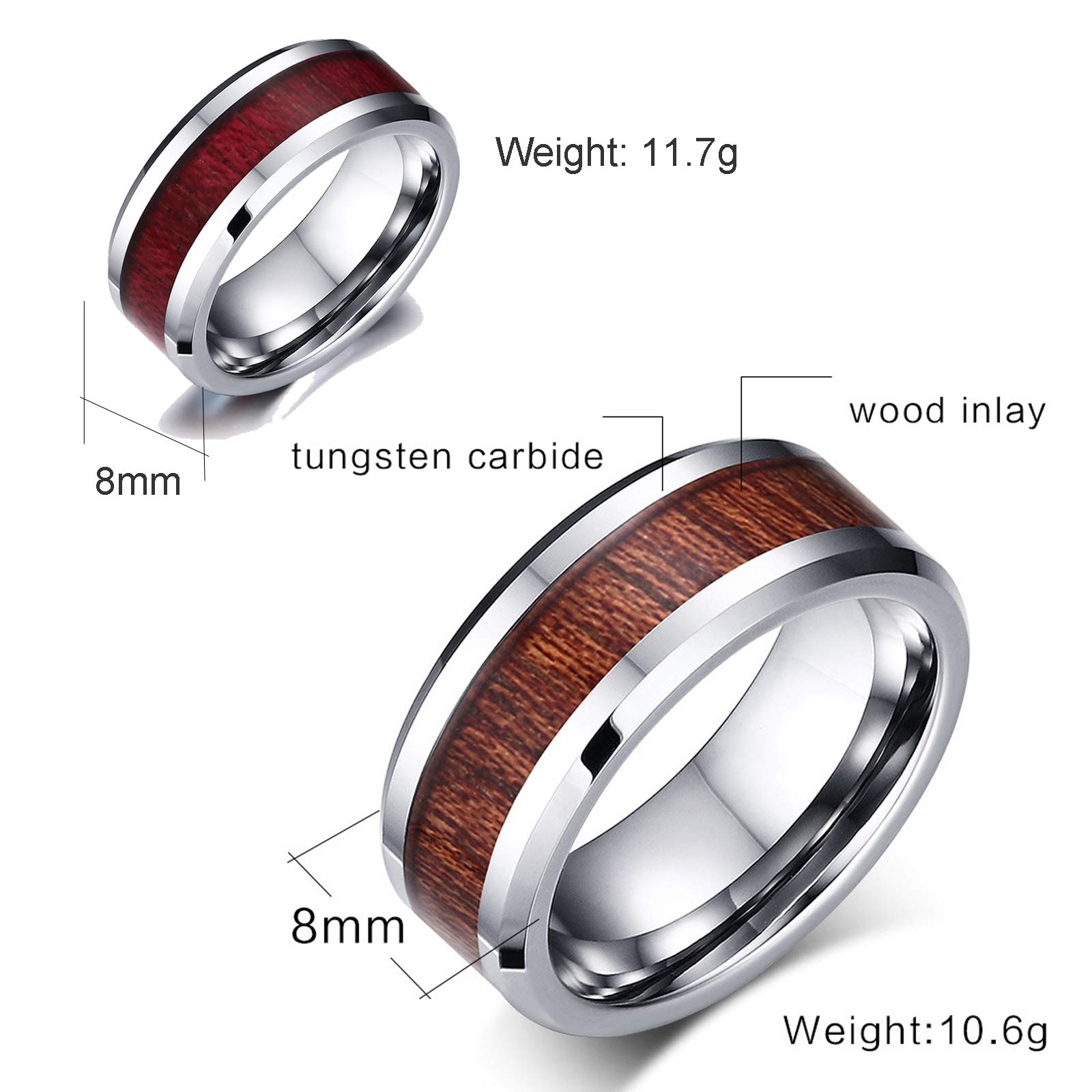 KnSam Set di 2 anelli di fidanzamento in argento da donna, 8 mm, inserto in legno argento