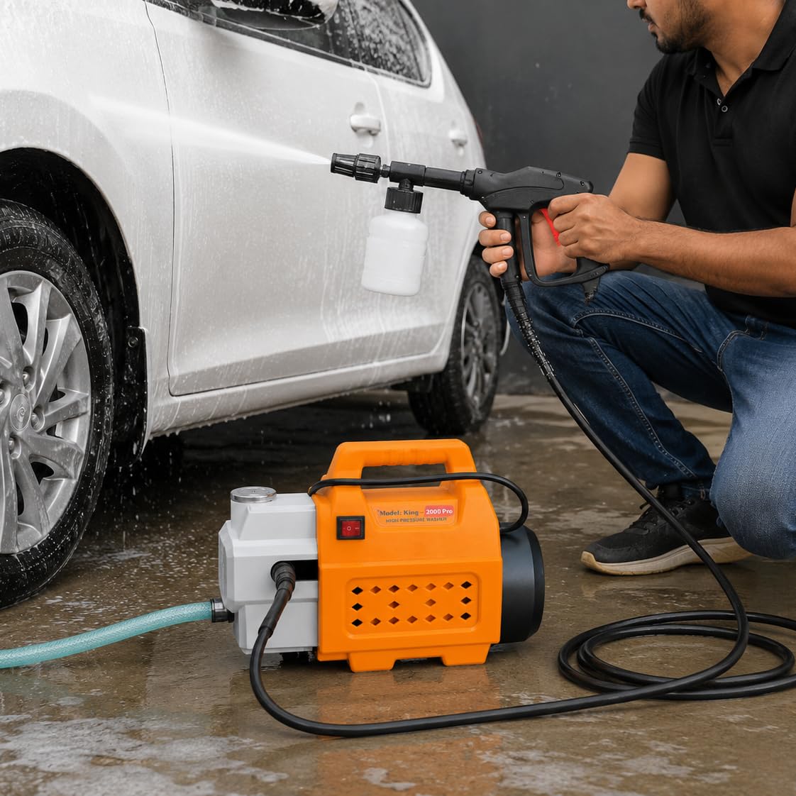 Portable High Pressure Washer Machine, 2000W, with Foam Bottle, Spray Gun & Hose Pipe, Self Suction, Portable, for Car, Bike & Home Cleaning