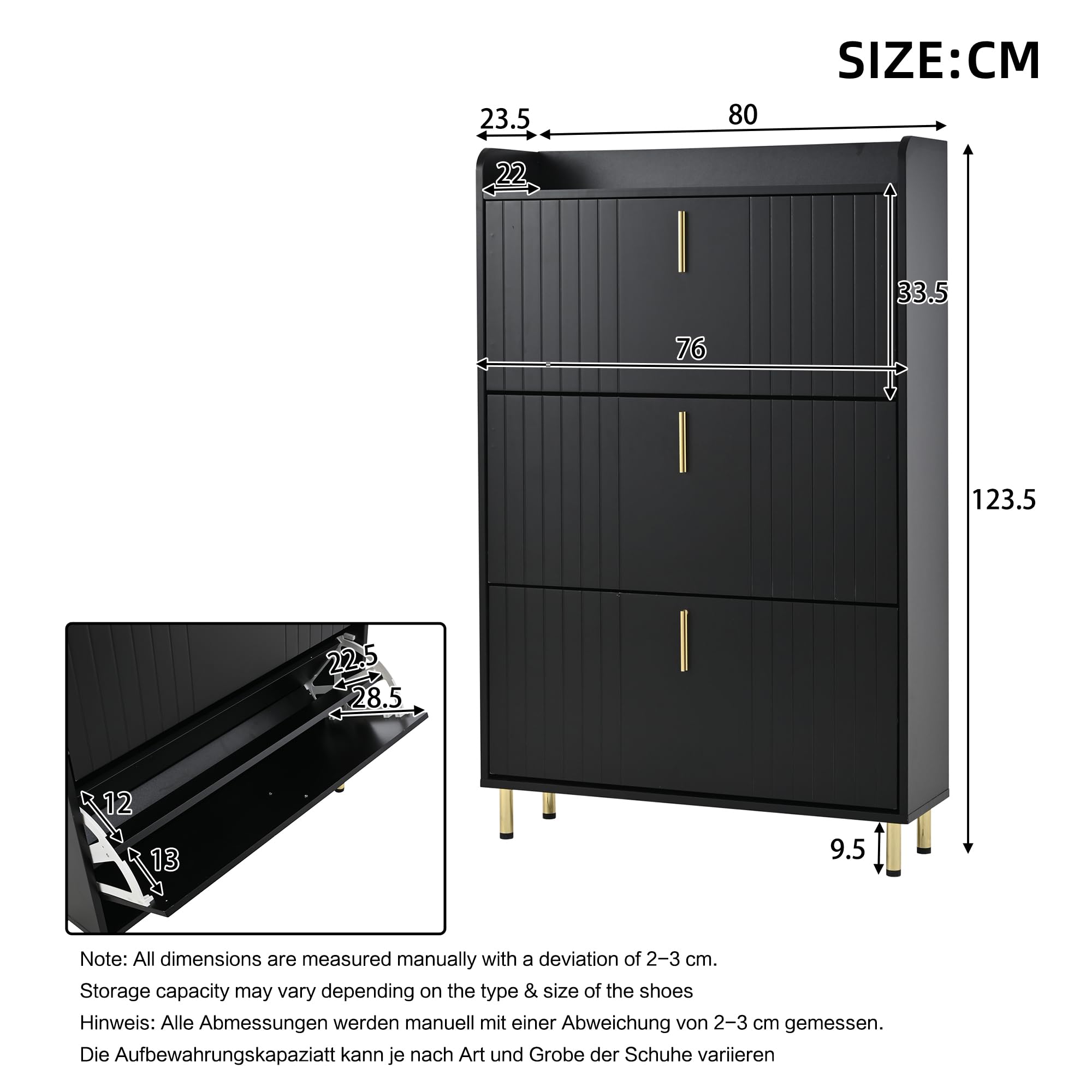 2er Set Schuhschränke je 3 Klappen 6 Fächer Schwarz 80x23,5x123,5cm