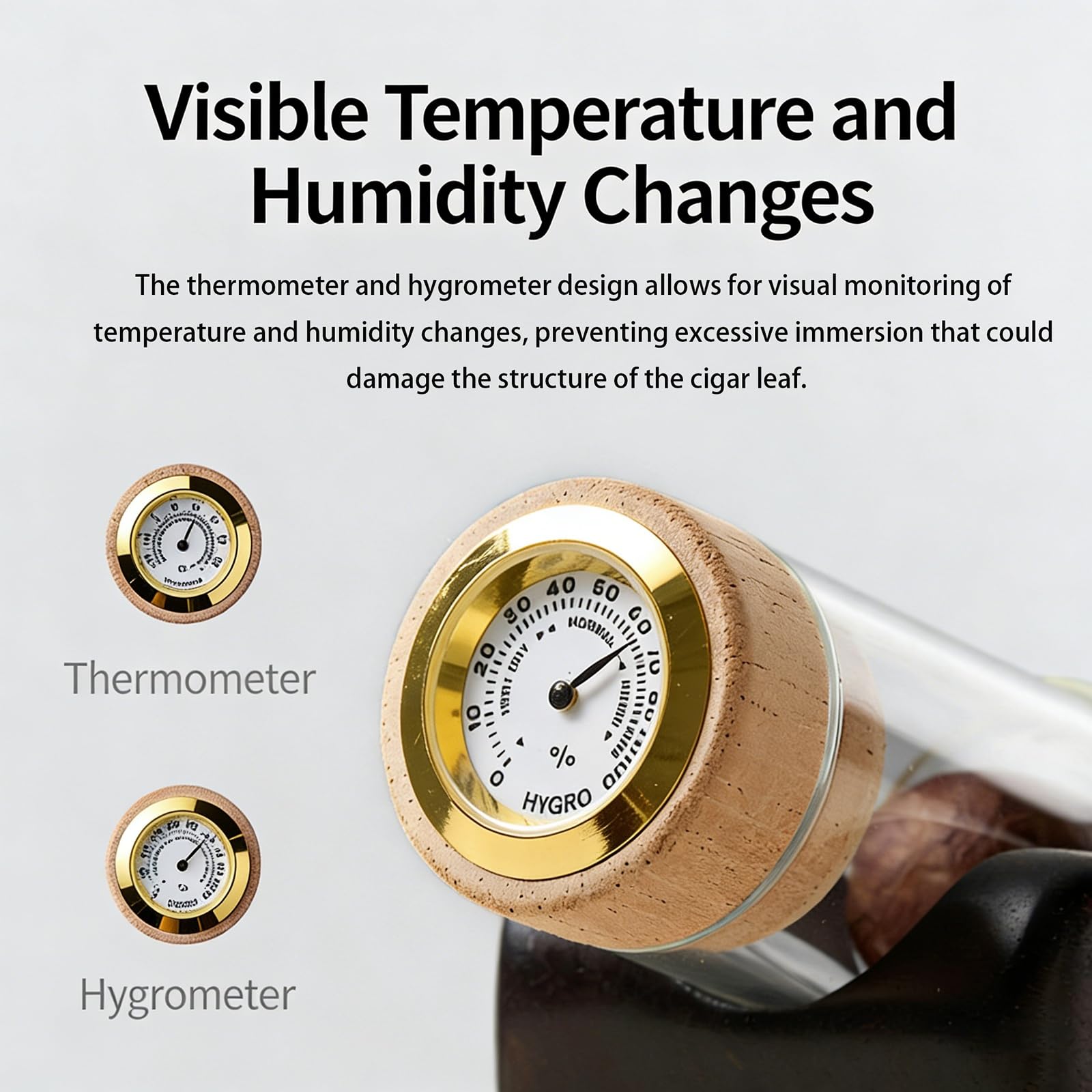 Humidificador de inyector de sabor a cigarro, pantalla de aromaterapia hecha a mano con termómetro e higrómetro, kit de humidificador de tubo de vidrio con infusor de cigarro, base de Padauk
