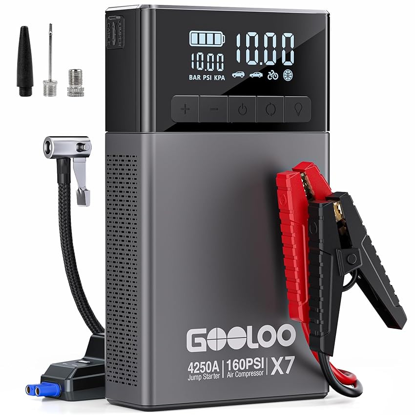 Immagine del prodotto GOOLOO X7 4250A Avviatore Batteria Auto con Compressore d'Aria, Supersafe 12V Avviatore Emergenza per Auto con 160 PSI, Display LCD, Torcia LED, Adatto per Benzina da 10,0L e Diesel da 10,0L