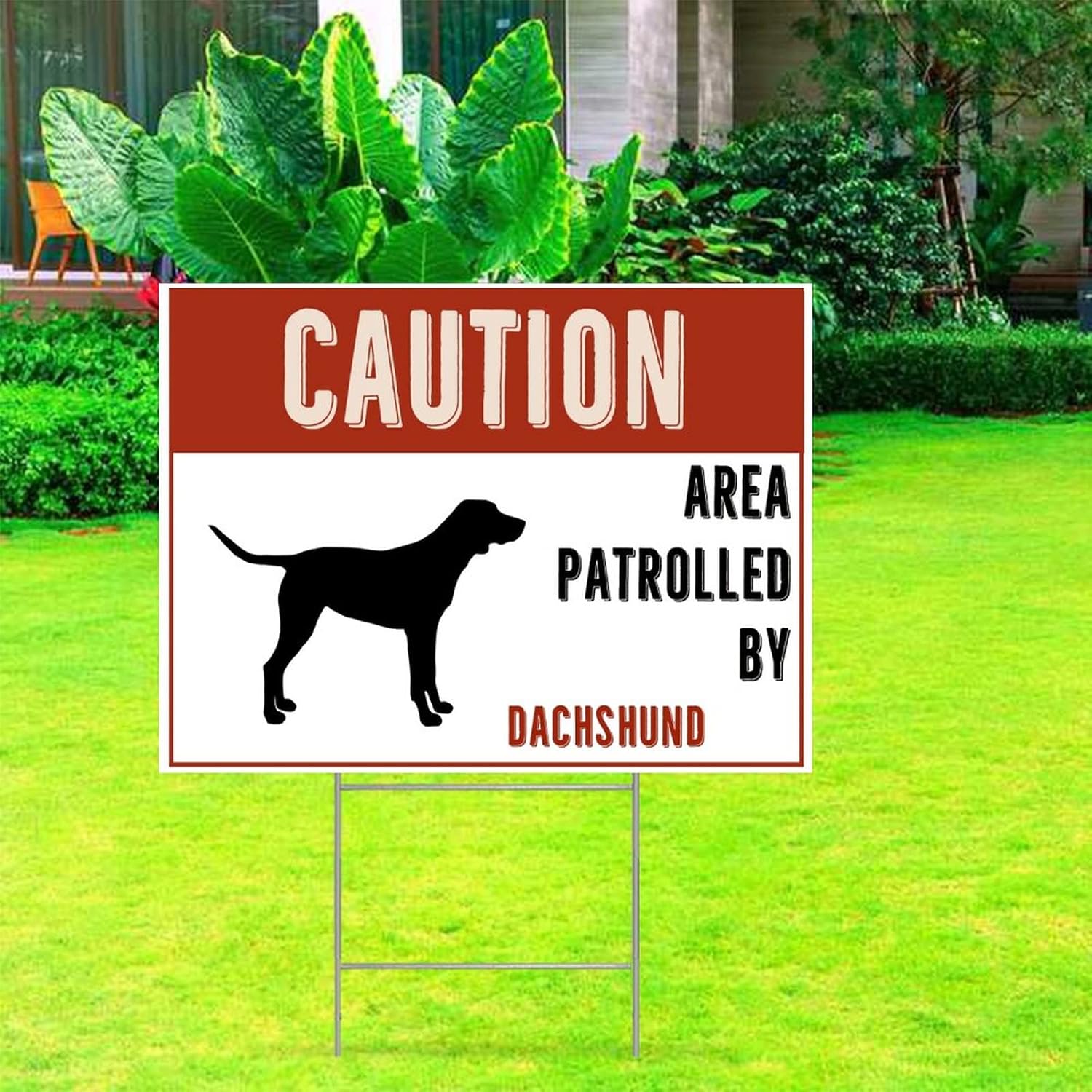 Caution Area Patrolled by Dachshund Dog Farmhouse Yard Sign with H-Stakes 18x24 Inch Double Sided Corrugated Plastic Outdoor Warning Notice Sign for Road Street Countryside Lawn Decor