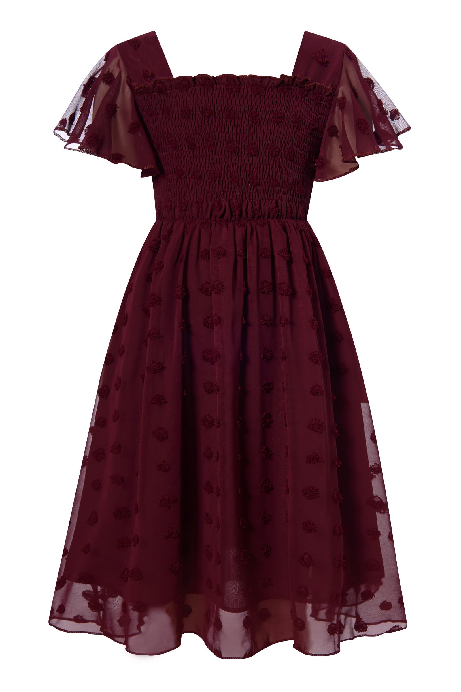 Kids4ever Vestido de gasa para niñas de 6 a 12 años con pompones sólidos y volantes de manga corta para niños con cuello cuadrado