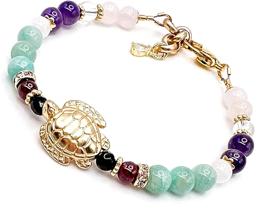 Pulsera de fertilidad de tortuga fértil/piedras preciosas naturales cuarzo rosa, piedra lunar, amatista, cristal de roca, granate, ónix