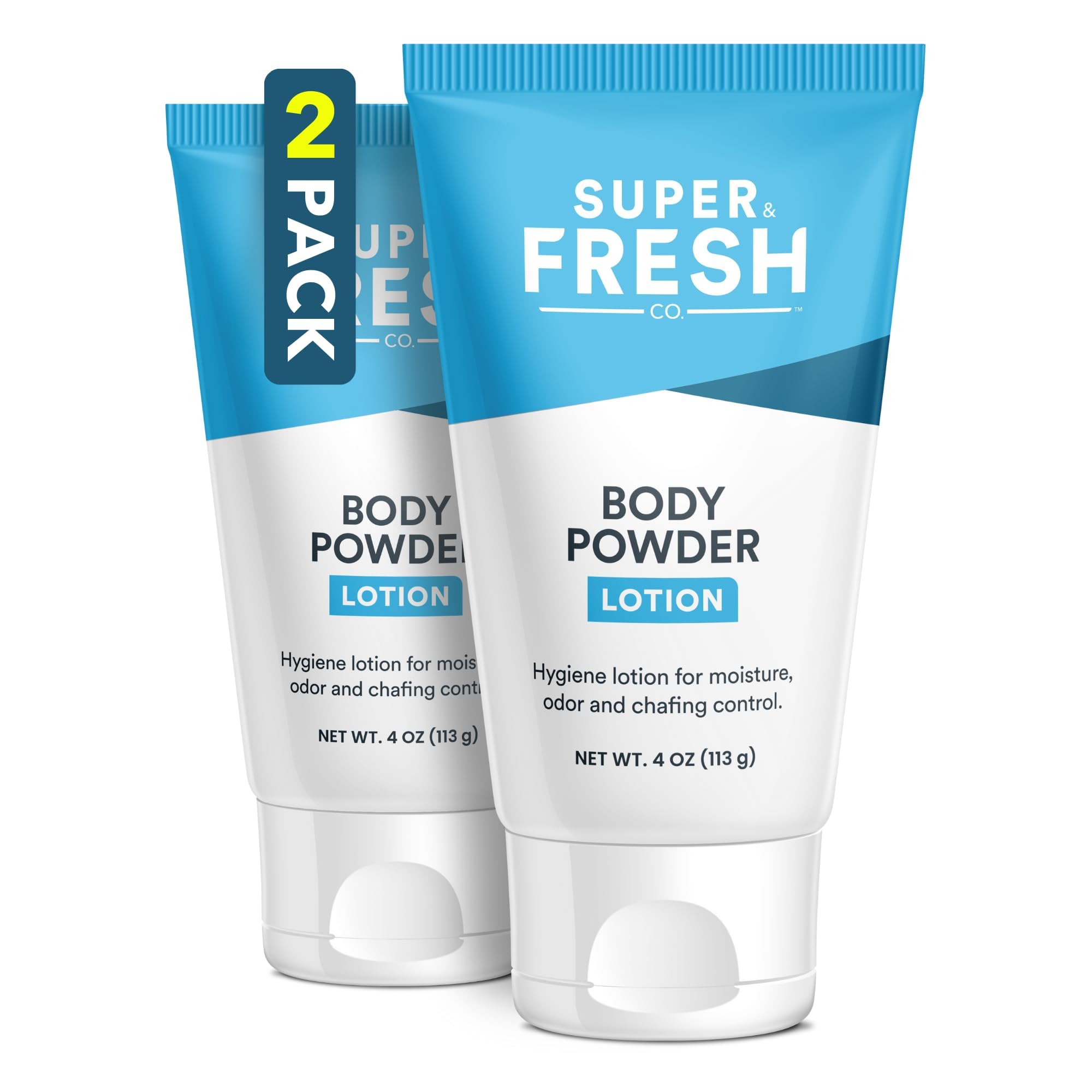 Super Fresh Body Powder Lotion Talc Free Anti Chafing Deodorizing No Mess Body Powder Cream for Men and Women Natural Ingredients Two 4 fl oz Tubes for Daily Comfort Sweat and Odor Protection