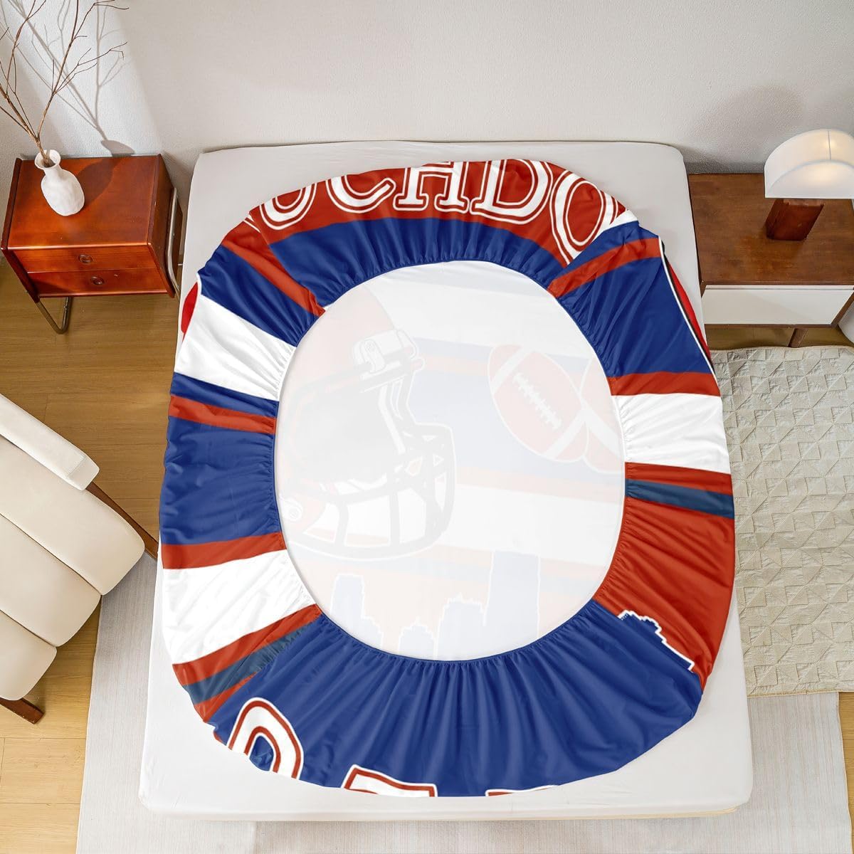 American Sport Football Full Size Fitted Sheet No Top Sheet,Blue Red Rugby Game 3 Pieces Kids Teenager Room Decor Football Pocket 2 Pillowcases