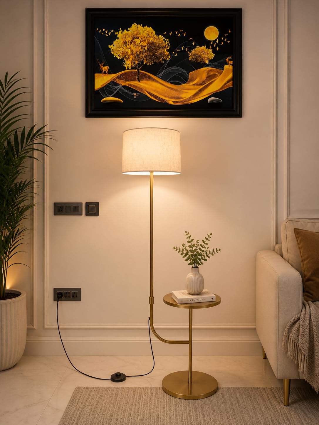 Modern Metal Floor Lamp with Side Table | Premium Brass Gold Finish | Beige Fabric Shade | E27 Holder | Living Room, Bedroom & Office Standing Lamp | Luxury Home Decor-image-34