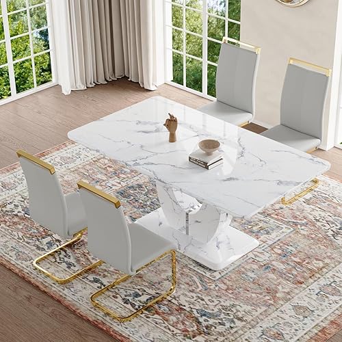 Miniatura 62 de JUFU Juego de mesa de comedor para 6 personas con sillas tapizadas de poliuretano, mesa y sillas de comedor de mármol sintético gris de 63 pulgadas,