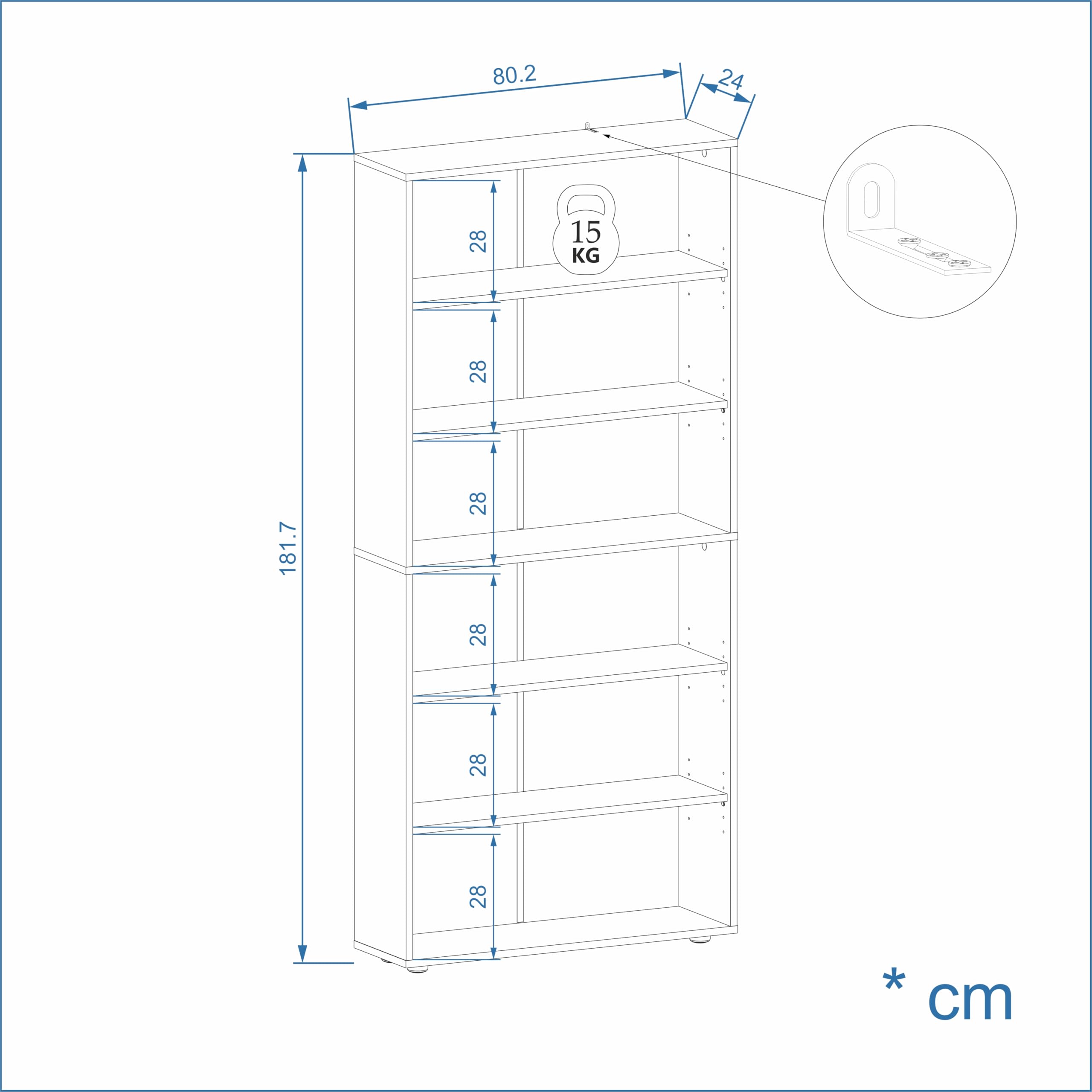 KOMTO Regal 80 cm breit Weiß - Bücherregal mit 6 Ebenen und Höhenverstellbare Regale, Standregal, Aufbewahrungsregal | Bookshelf Lumo 80 x 180 x 24 cm (BxHxT)