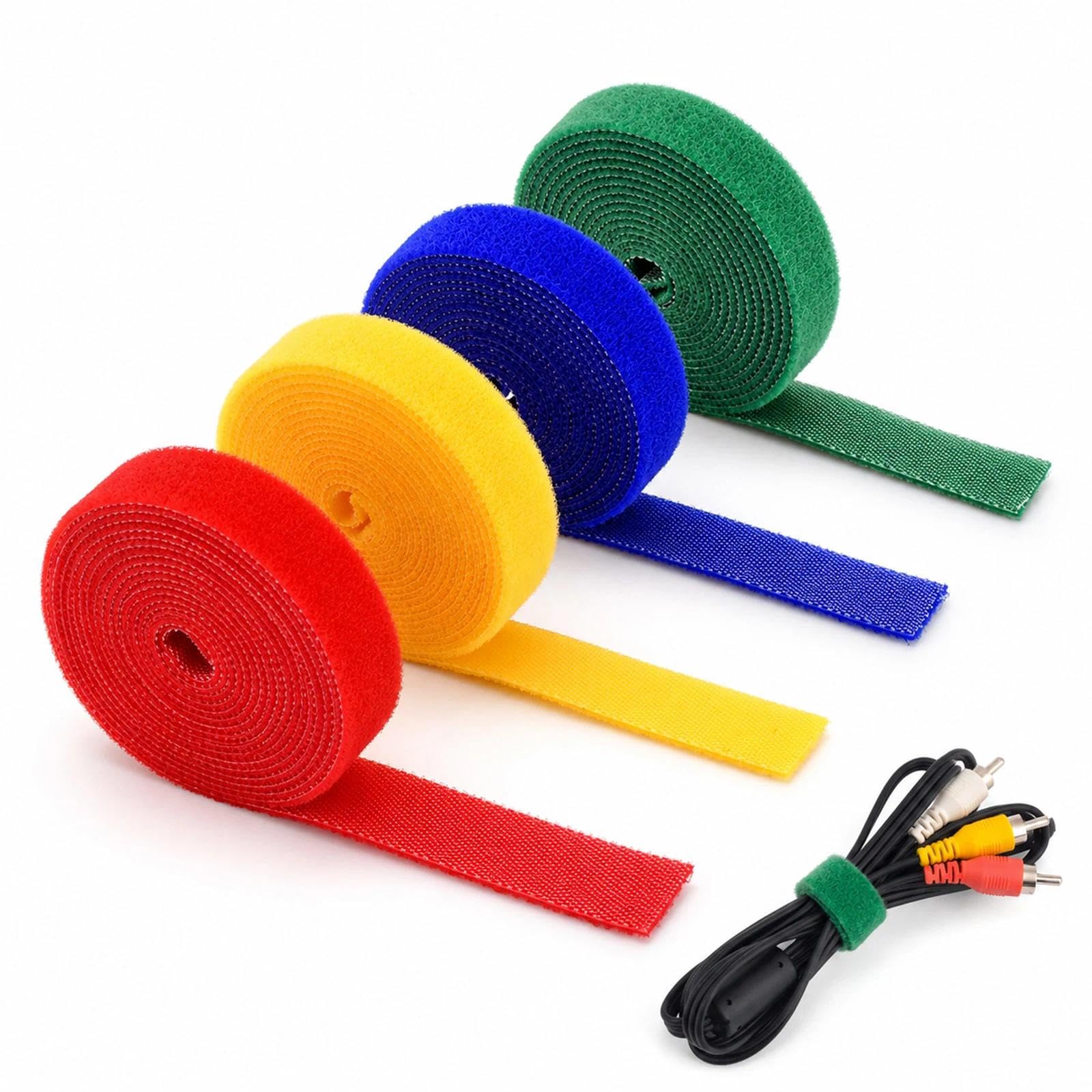 4 Rolls Hook and Loop Cable Ties, 1.5cm x 2m Each Reusable Nylon Wire Straps, 4 Colors Cord Organizer for Home Office Electronics Cable Management