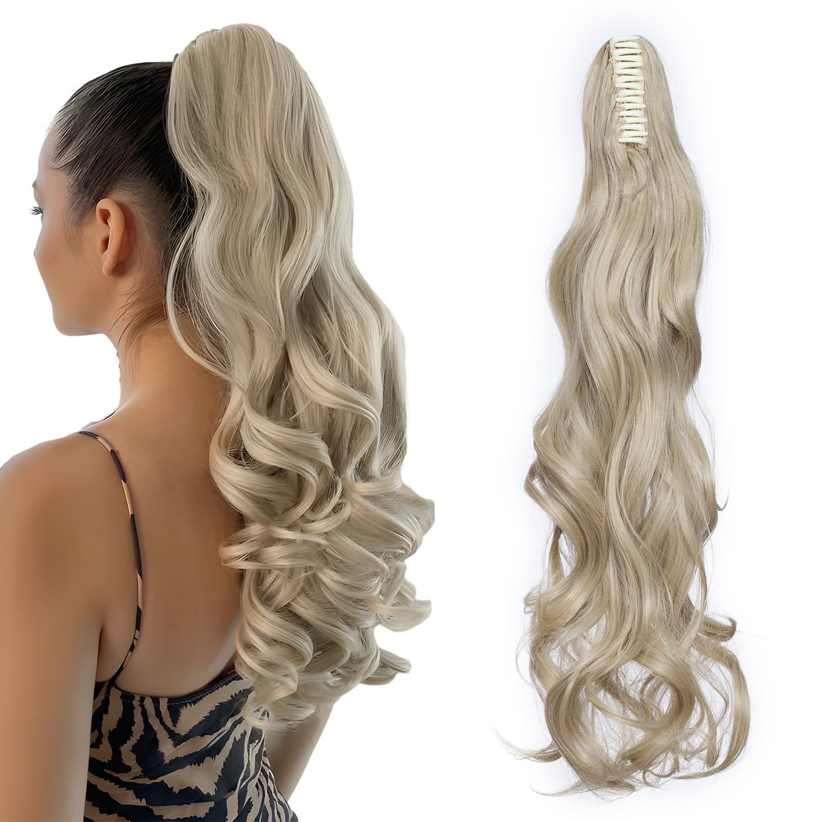 TESS 24 Inch Claw Clip Ponytail Hair Extensions Curly Wavy Ponytail Extension #Ash Blonde Mixed Bleached Gold Hair Extension for Women 150g