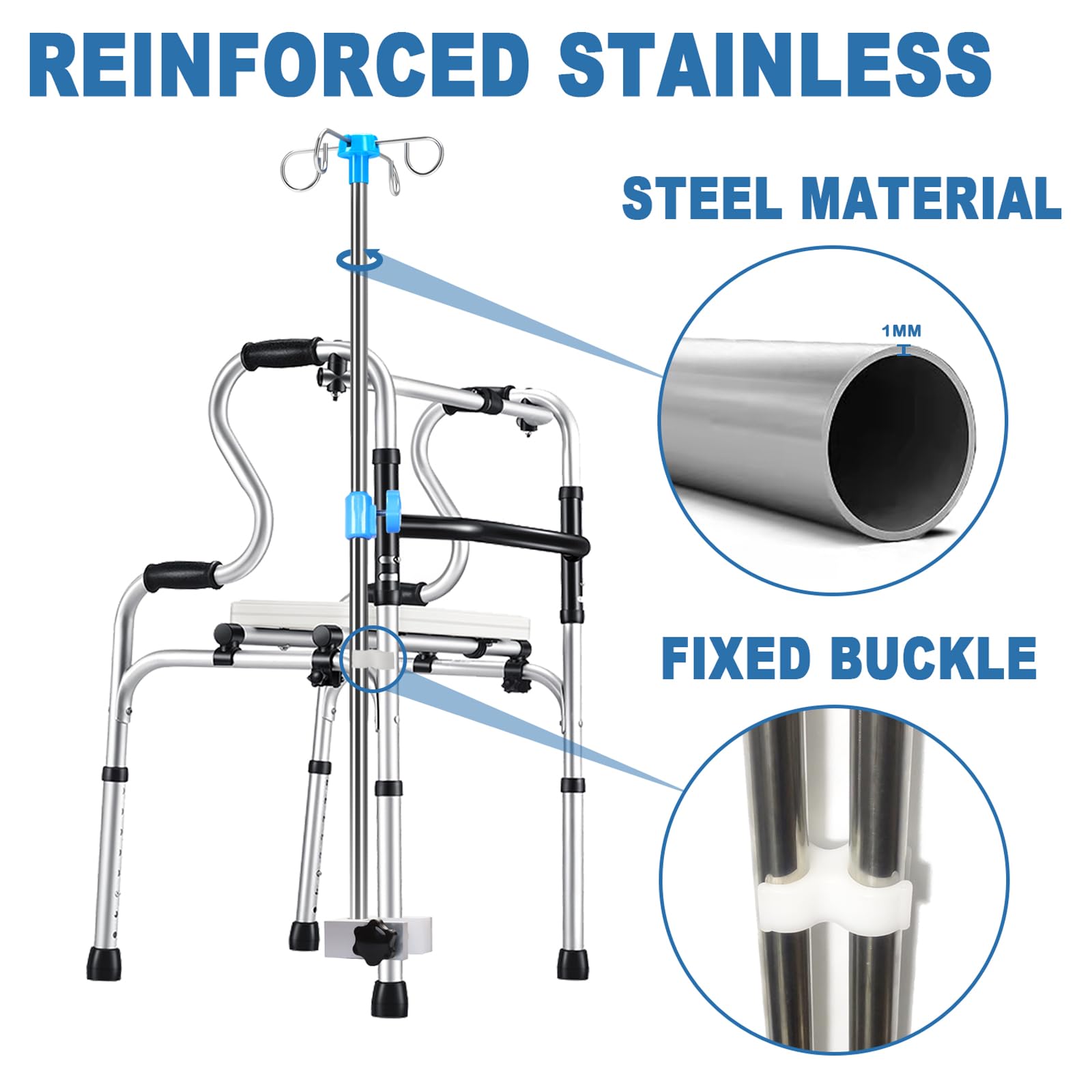 Supporto per Infusione per Sedia a Rotelle Aste per Flebo 4 Ganci Rinforzati e Base in Metallo Solido Staffa Accessori Sedia a Rotelle Inossidabile Rinforzato Altezza Regolabile da 75-133 cm