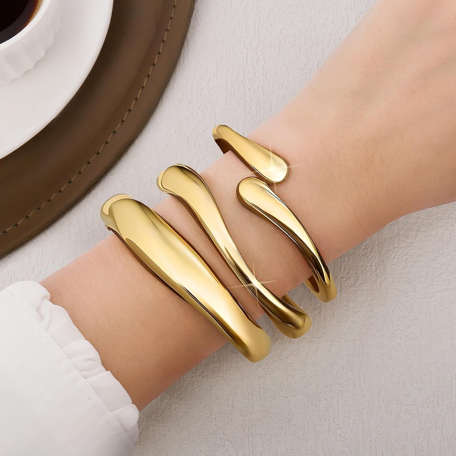 Winas 3PCS Chunky Gold Bangles Bracelets for Women, 14K Gold Plated Stack Waterproof Cuff Bangle Bracelets Non Tarnish, Fashion Jewelry Gifts for Women - Image 6