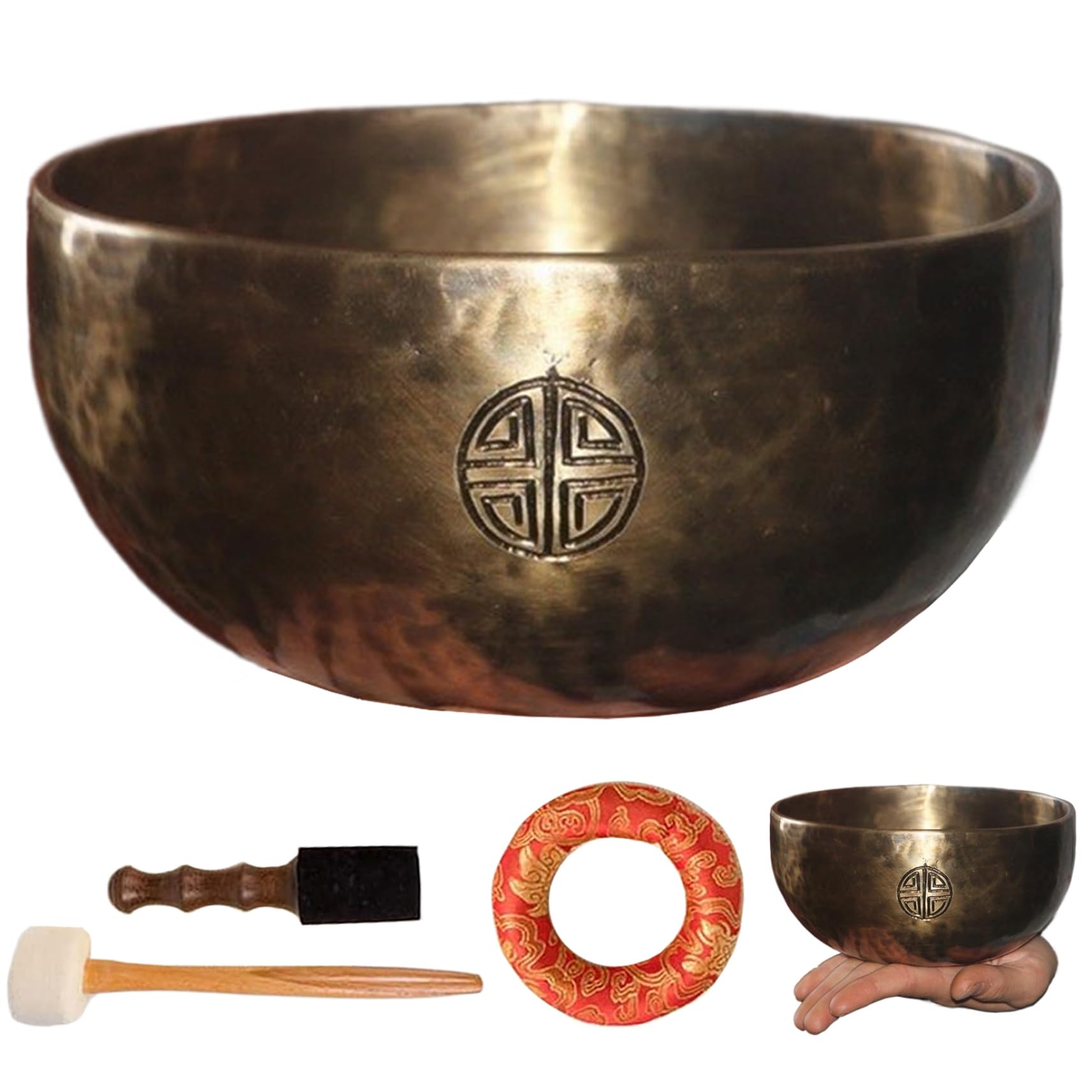 Tibetisches Klangschalen-Set, 15, 2 cm, Kupfer, tibetische Schale, runde Klangschale mit Schlägel und Kissen, tibetische Schale für Meditation, Achtsamkeit, Yoga, Chakra und mehr