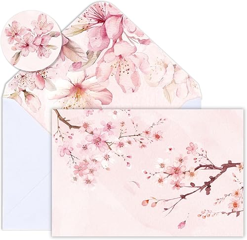 Whaline Paquete de 24 tarjetas de felicitación de flores de cerezo, tarjetas de notas florales de acuarela, tarjetas en blanco con sobres,
