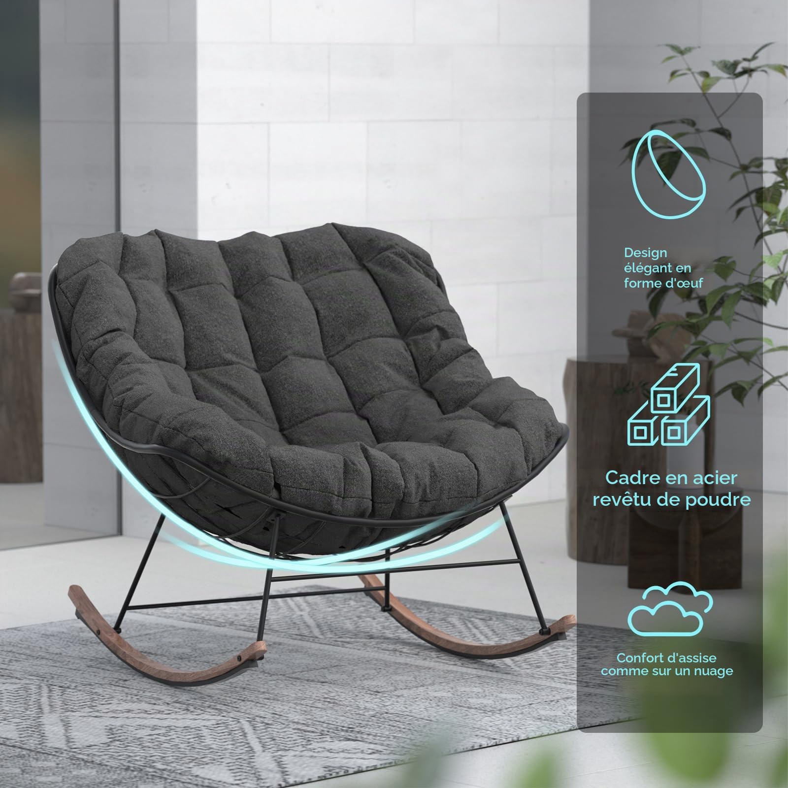 Grand patio Fauteuil à bascule de jardin, à bascule, pour salon, relaxation, avec rembourrage, charge maximale : 150 kg, pour jardin, chambre à coucher, salon, coin, véranda, gris clair (Gris foncé)