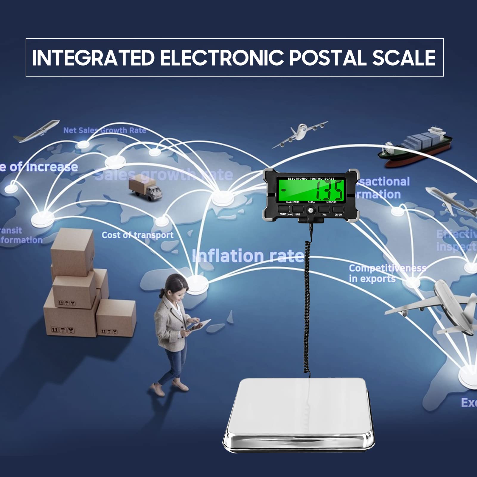 Báscula de Envío con Fuente de Alimentación Dual, Báscula Postal Electrónica Anticaída con Retroiluminación Verde, Capacidad de 200 Kg (120 kilos)