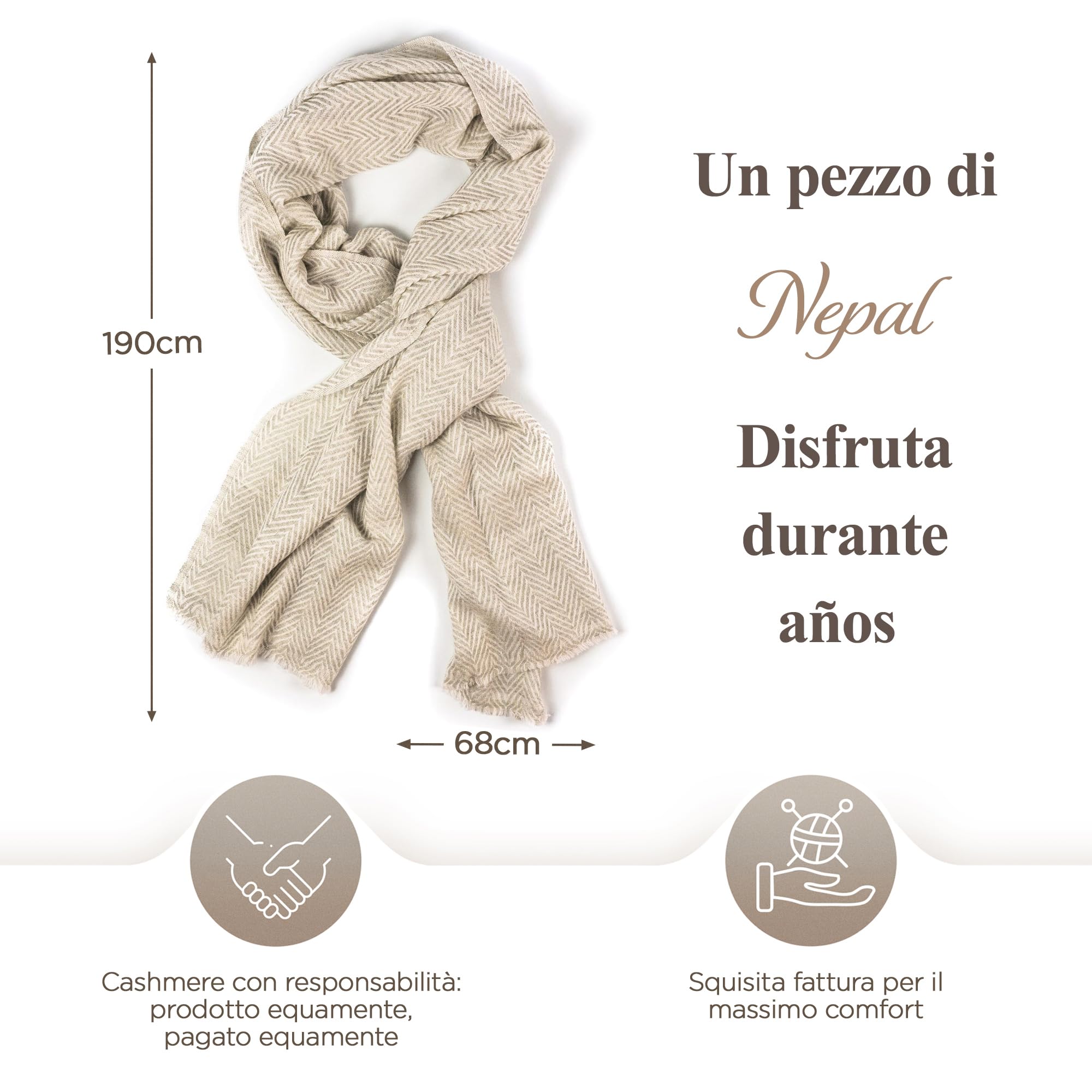 Sciarpa in Cashmere Unisex - Sciarpa Leggera in Lana di Cashmere per Donna e Uomo con Motivo a Spina di Pesce - Sciarpa Avvolgente Calda 68 x 190 cm, Sciarpa al Collo - Prodotto in Nepal