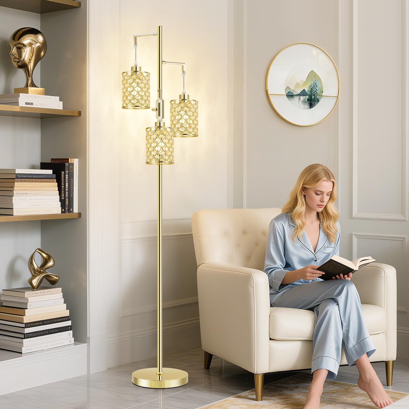 GyroVu Stehlampe Gold, Kristall Stehleuchten für das Wohnzimmer, 3 Flammige Stehlampen mit Elegantem K9 Kristallschirm und Drehschalter, Moderne Standlampe für Schlafzimmer, Home Office, Leseecke