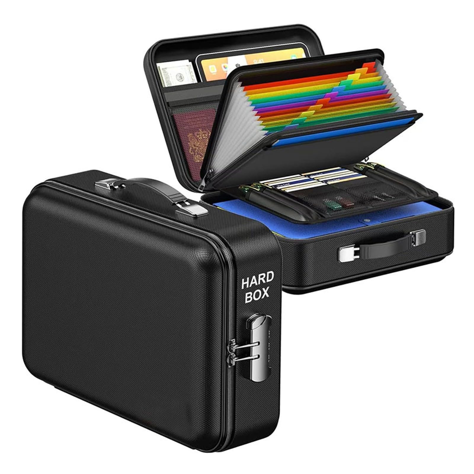 Organisateur de Documents,Porte-documents ignifuge 3200℉ A4-Organisateur de documents rigides avec serrure à combinaison et 12 compartiments,mallette portable pour documents importants(Black)