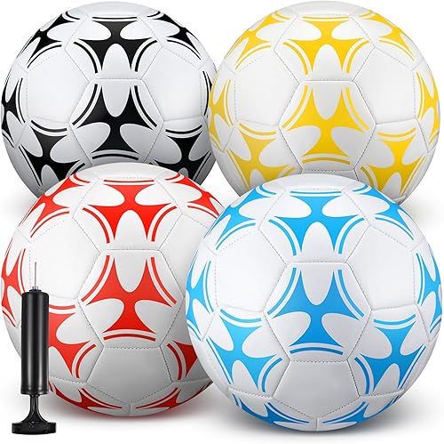 Miniatura 7 de Tradder Paquete de 4 pelotas de fútbol con bomba desinfladas a granel para juegos de interiores y exteriores, práctica, entrenamiento, regalo