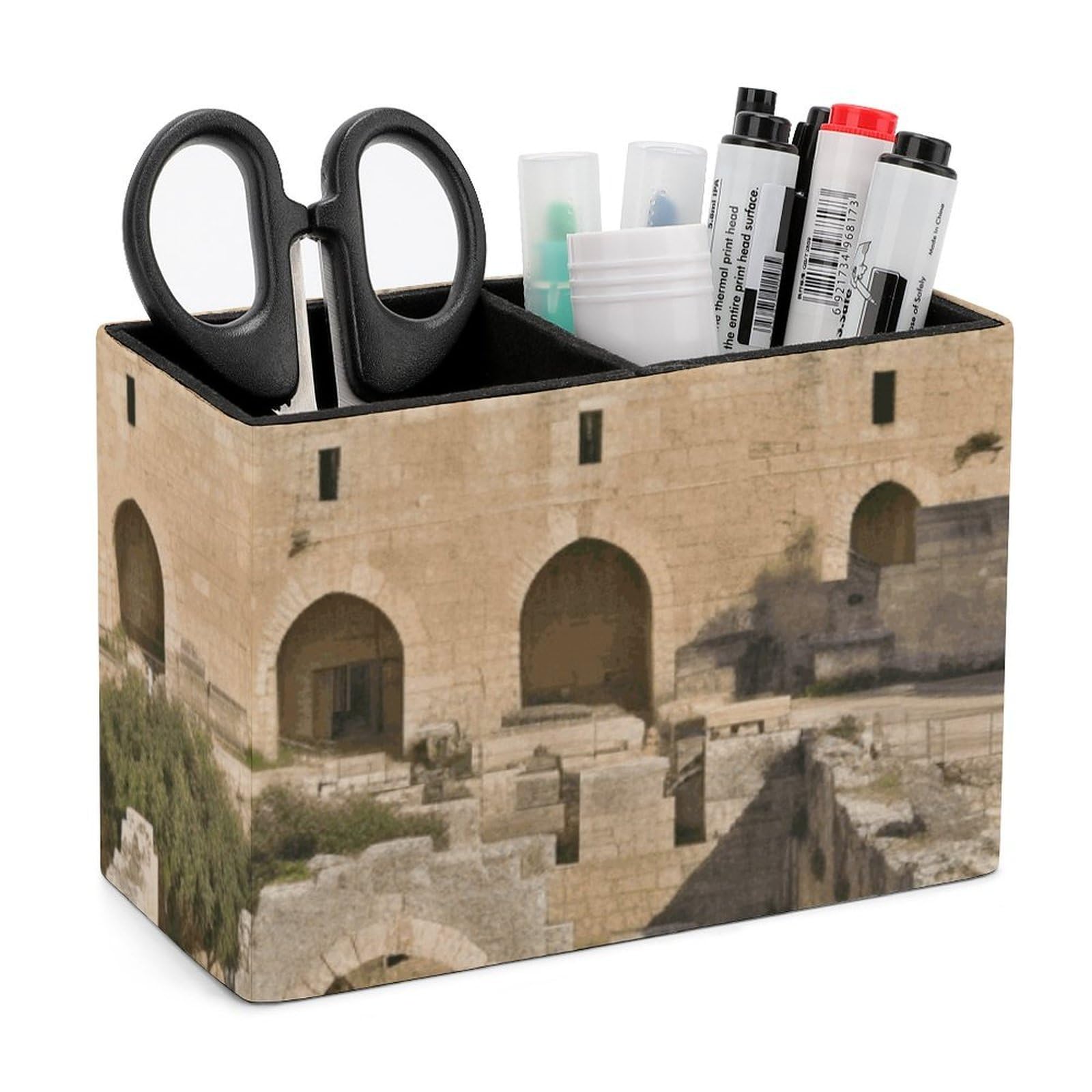 LZQPOEAS Exquisite Patterns PU Leather Pen Holder, Multifunctional Desktop Organizer Caddy with 2 Compartments, Israel at The Tower of David Pencil Cup Makeup Brush Holder for Office Home