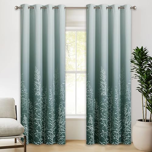RYB HOME Curtains 84 inches Long - Heavy Duty Room Darkening Curtains Ombre Grommet Hanging Digital Printing Anti-Fading Window Decor Thermal Insulated, White & Green, 52 x 84, 1 Pair