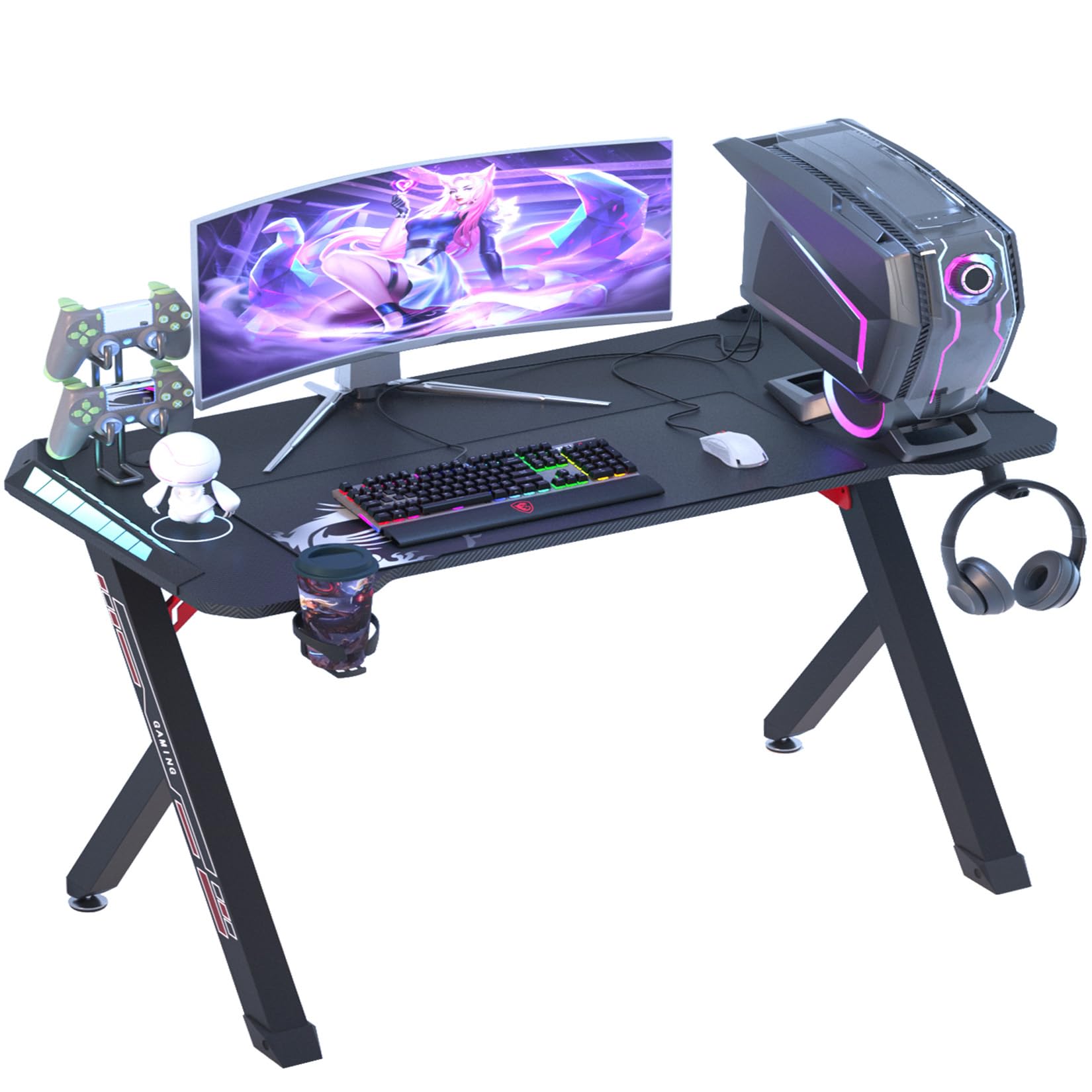 FATIVO Computer Gaming Desk RGB LED Christmas Teenager Gift: Small Game Table 100cm x 60cm Carbon Fiber Black Desktop Gamer Desks for Monitor Keyboard Headphone Hook Cup Holder Home Workstation