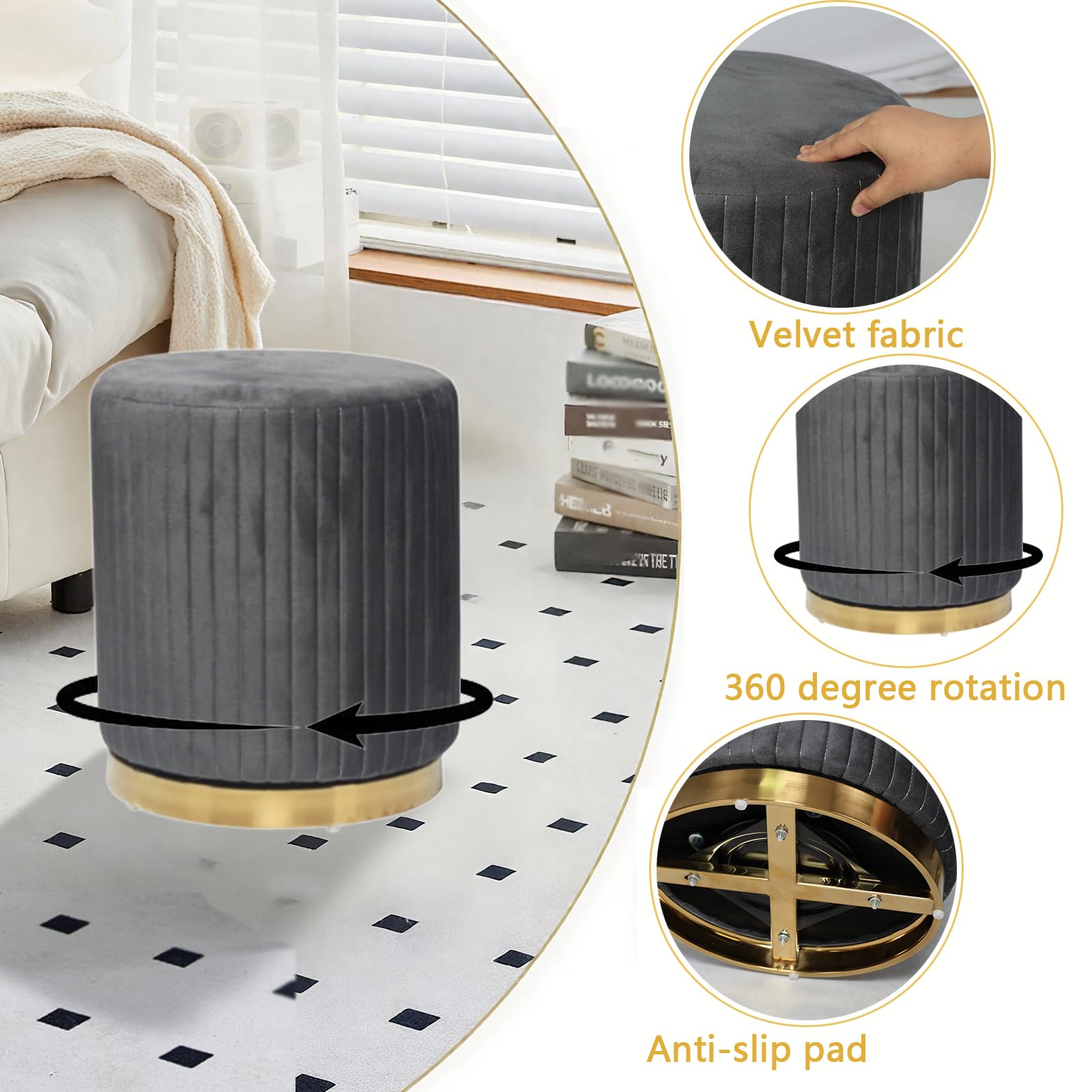 Sedia da trucco, girevole a 360°, per divano, trucco, trucco, in velluto, per trucco, sgabello da scrivania e ufficio, ideale come sedia da toeletta (grigio1)
