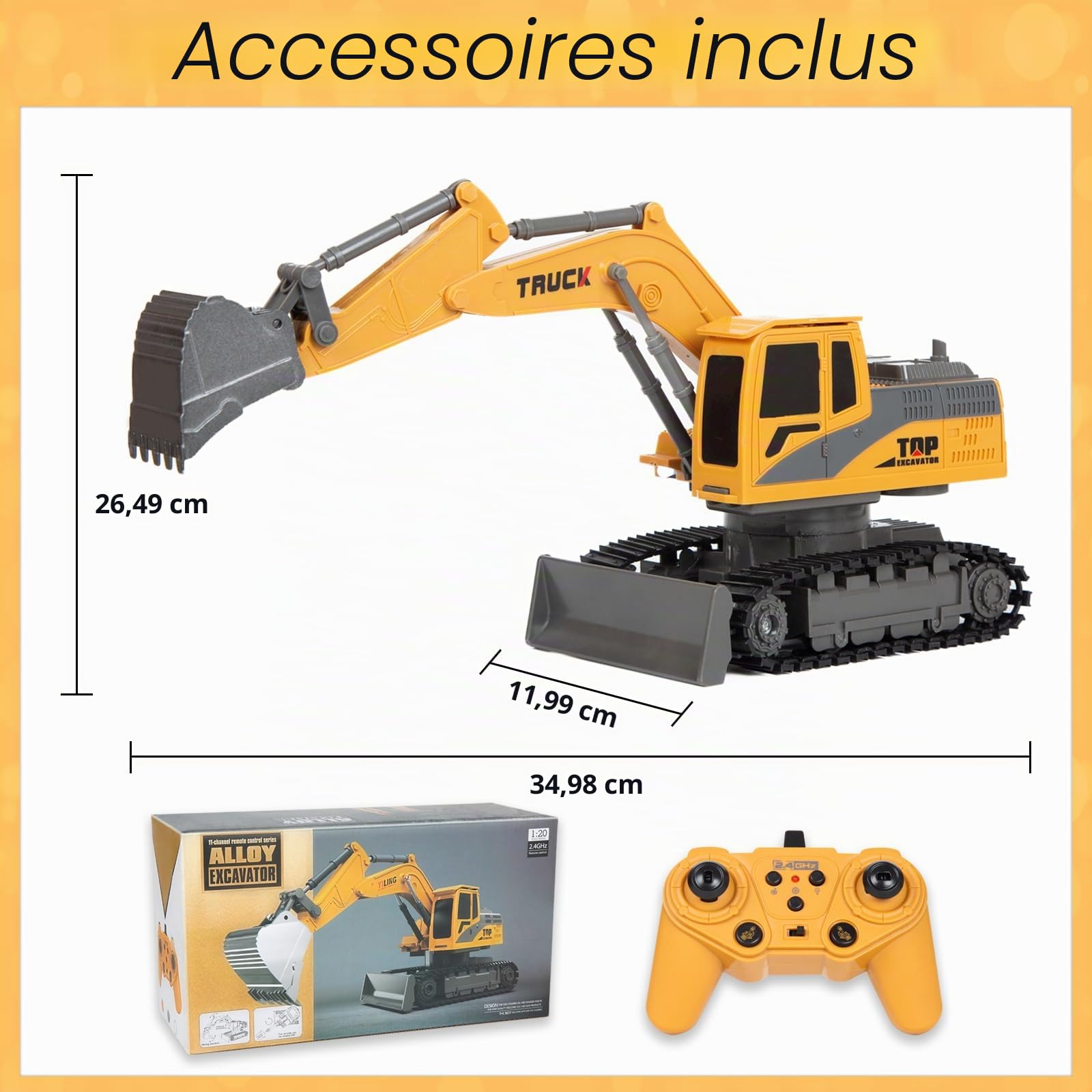 Jouets d'excavatrice télécommandée pour garçons, tracteur pelleteuse RC 2 en 1 avec bulldozer, véhicules de construction 2,4 GHz avec lumière et musique pour garçons de 3, 4, 5, 6, 7, 8 à