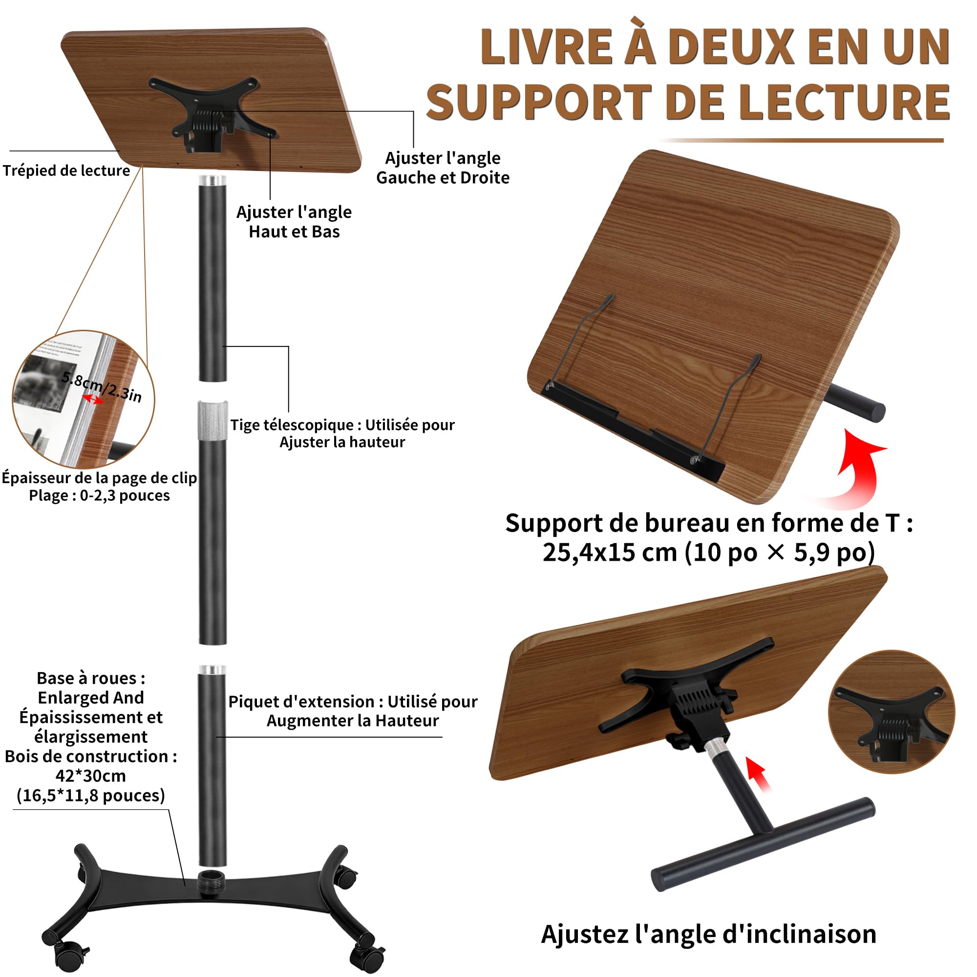 Support de Livre Réglable en Hauteur de 50 à 130CM pour Sol et Bureau, Support de Livre pour Lecture, Ordinateur Portable, Tablette, Recettes, Partitions (Noir)