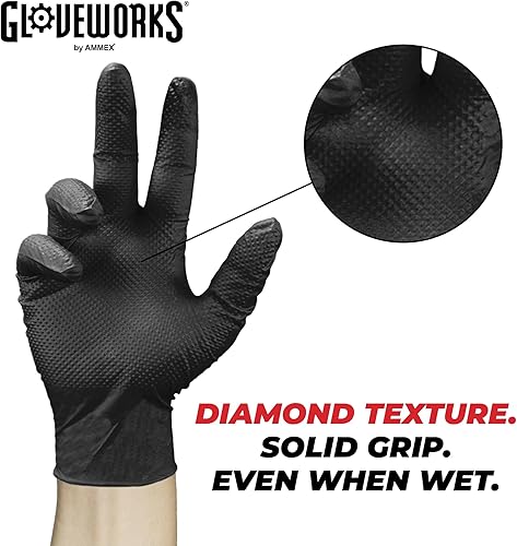 Miniatura 4 de GLOVEWORKS HD Black Nitrile Industrial Disposable Gloves 6 Mil Latex  Powder-Free Food-Safe Raised Diamond Texture