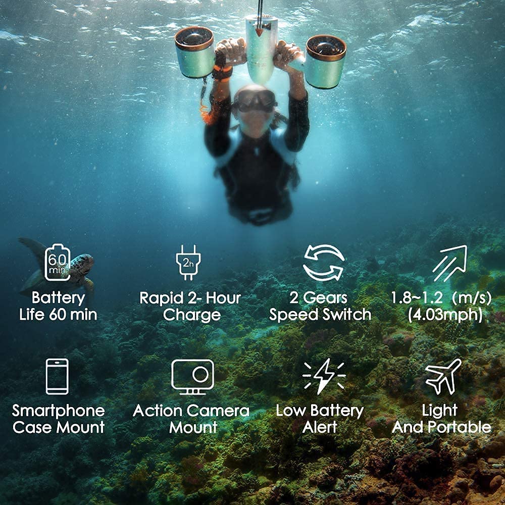 Scooter Subacqueo Booster Subacqueo Doppia Elica Propulsori Portatili per Immersioni Nuoto Snorkeling con Supporto per Fotocamera Sportiva