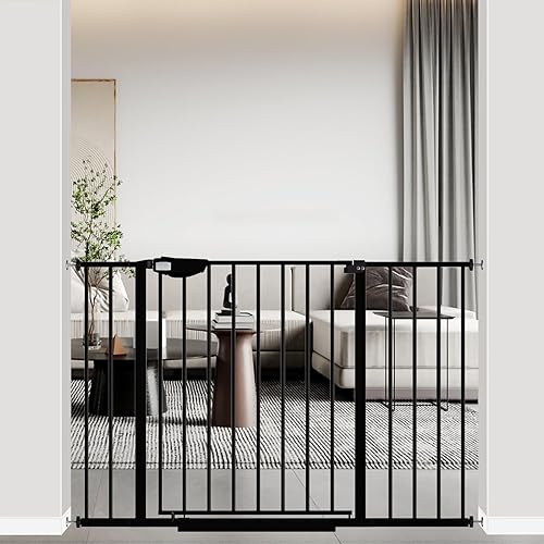 WAOWAO Triple Lock - Puerta de bebé extra ancha montada a presión para caminar a través del columpio con cierre automático, seguridad de metal