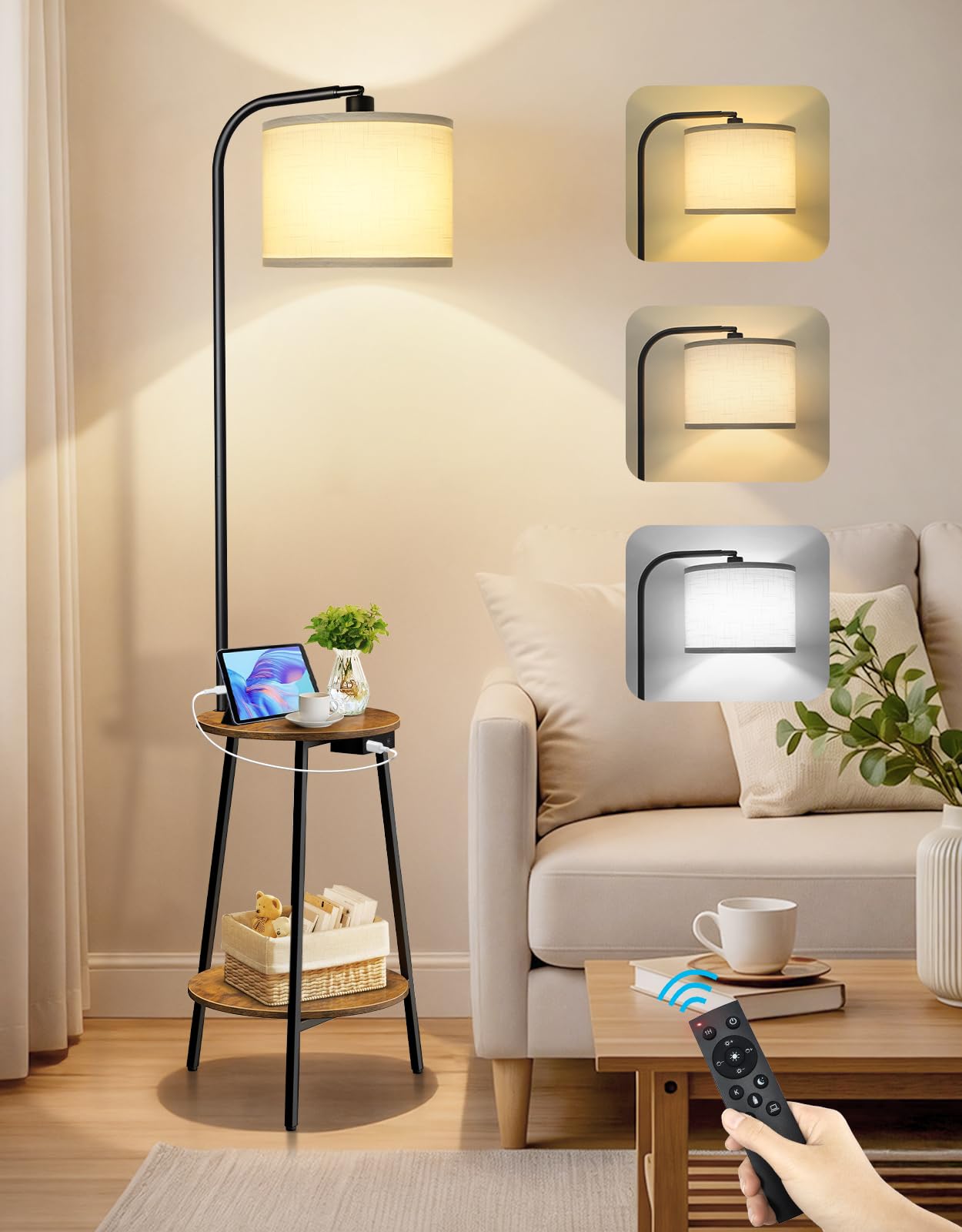 Lampada da Terra con Tavolino, LED Dimmerabile con Telecomando, 3 Temperature Colore, Mensola con Ricarica USB per Soggiorno Camera Ufficio (Marrone Rustico Rotondo)