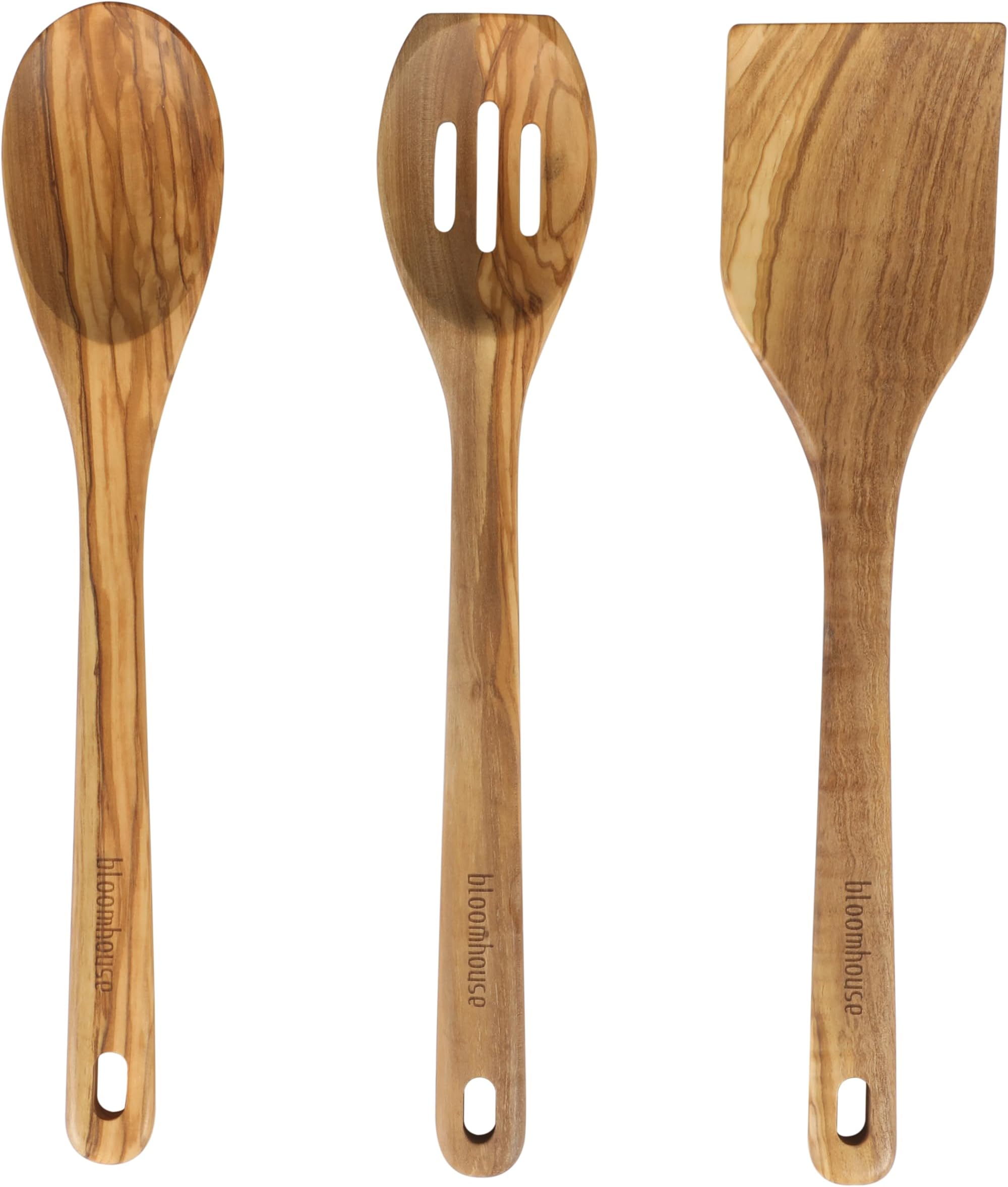 Italian Olive Wood 3-Piece Kitchen Utensil Set – Extra-Large 14-Inch Turner, Spoon & Slotted Spoon, Durable Wooden Cooking Tools