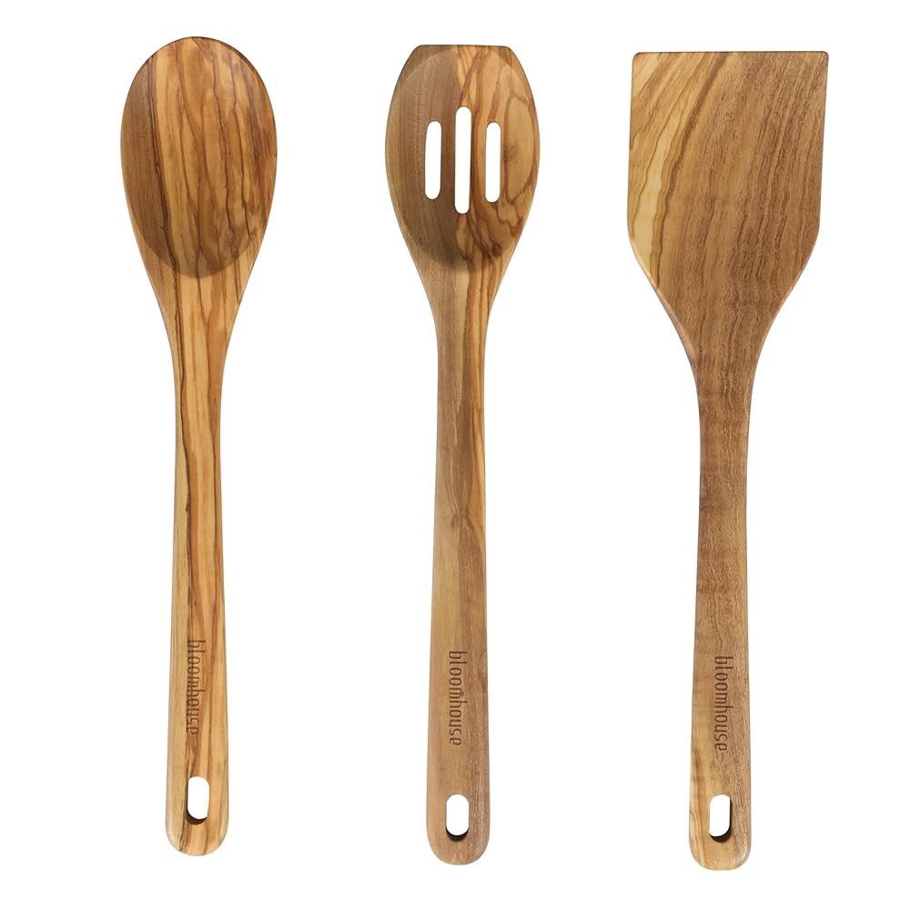 Bloomhouse Italian Olive Wood 3 Piece Extra-Large 14 Inch Turner, Spoon, and Slotted Spoon Set